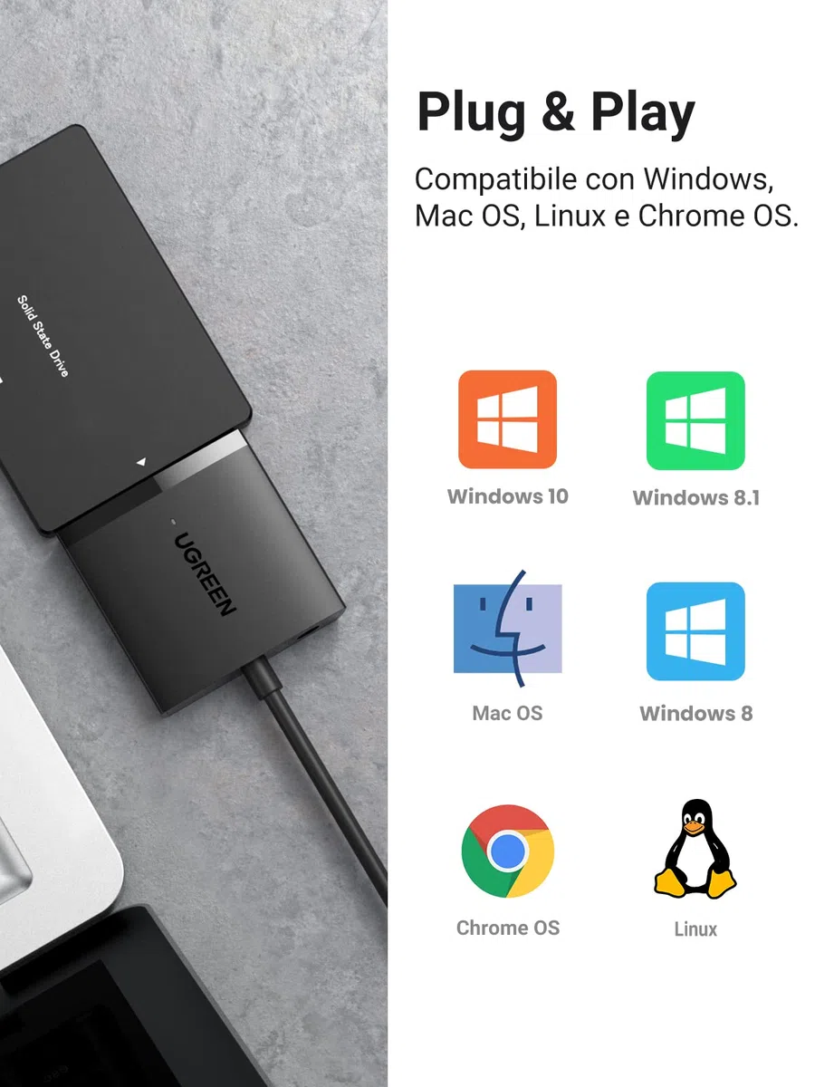 UGREEN Adattatore SATA USB 3.0 per SSD HDD 3.5" 2.5" 12TB, Cavo Supporta UASP Riposo Automatico, Compatibile with WD Toshiba Seagate Hitachi