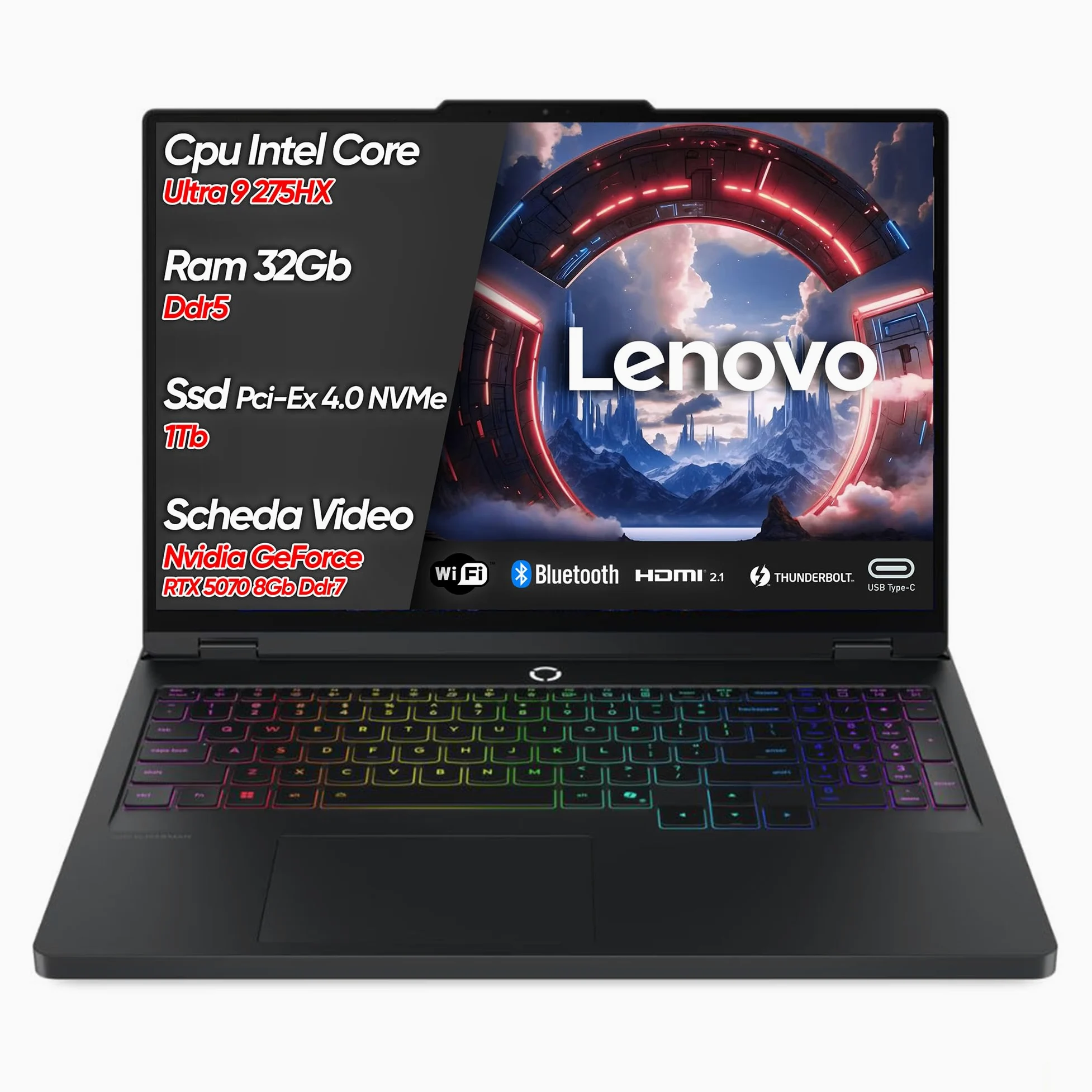 Lenovo Legion Pro 5 Pc Gaming Portatile ULTRA 9 275HX 20 Core, 32 GB RAM DDR5, GeForce RTX 5070 8GB, SSD 1TB, Notebook Gaming Oled Display 16" 165Hz,Laptop Gaming Tastiera RGB, WiFi 7, Thunderbolt 4