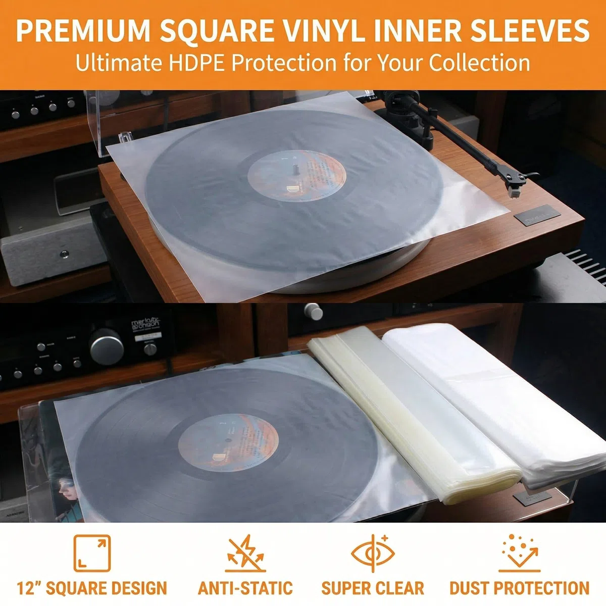 100 Pezzi Piazza Buste Vinili 33 Giri, Protezione Antistatica per Dischi Vinile, Vinyl Sleeves Trasparenti, Custodie Plastiche per Vinili da 12 Pollici