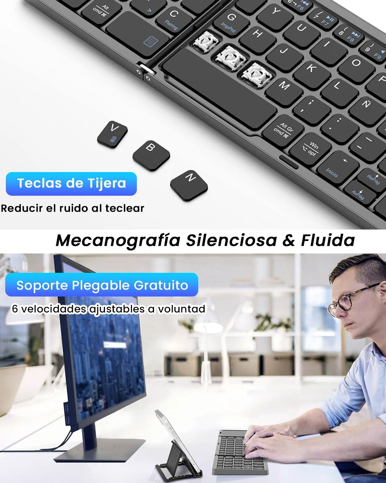 MoKo Tastiera Bluetooth Pieghevole, Spagnola Tastiera Portatile Pieghevole | con Touchpad e Tastiera Numerica, Wireless Tastiera Ricaricabile Multi-Dispositivo per Windows iOS Android Tablet/Phone