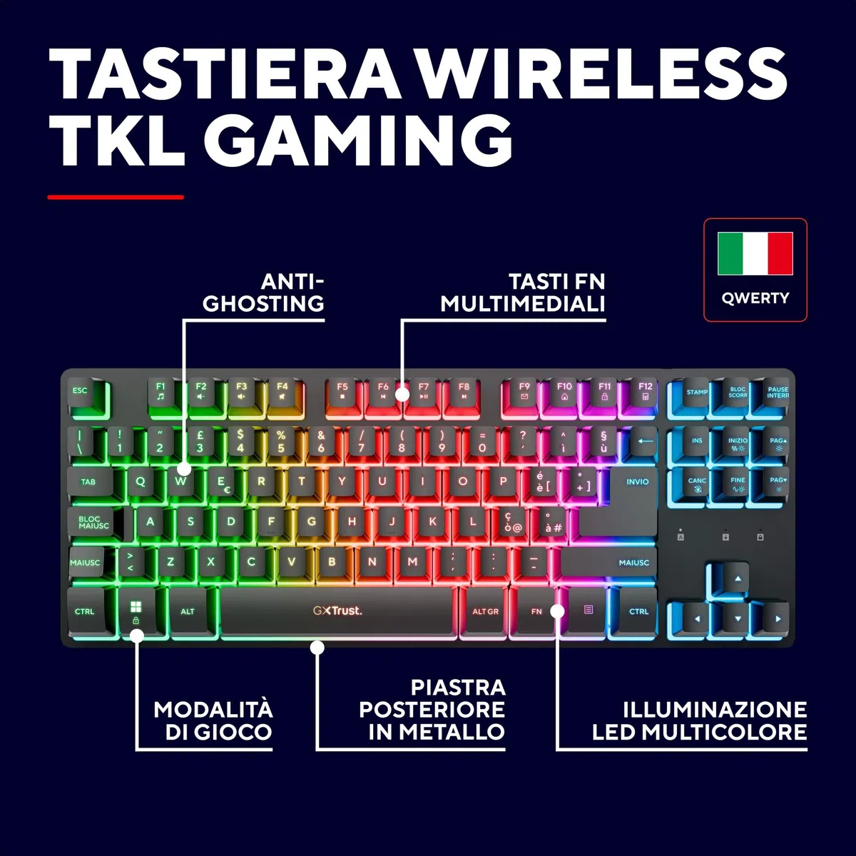 GXTrust 1831 Dothix Tastiera Gaming Wireless TKL Italiano QWERTY, Design Compatto, RGB 2.4GHz, Batteria de 420 Ore, Tastiera Ricaricabile Retroilluminata LED, Keyboard 80% per PC Laptop, Nero