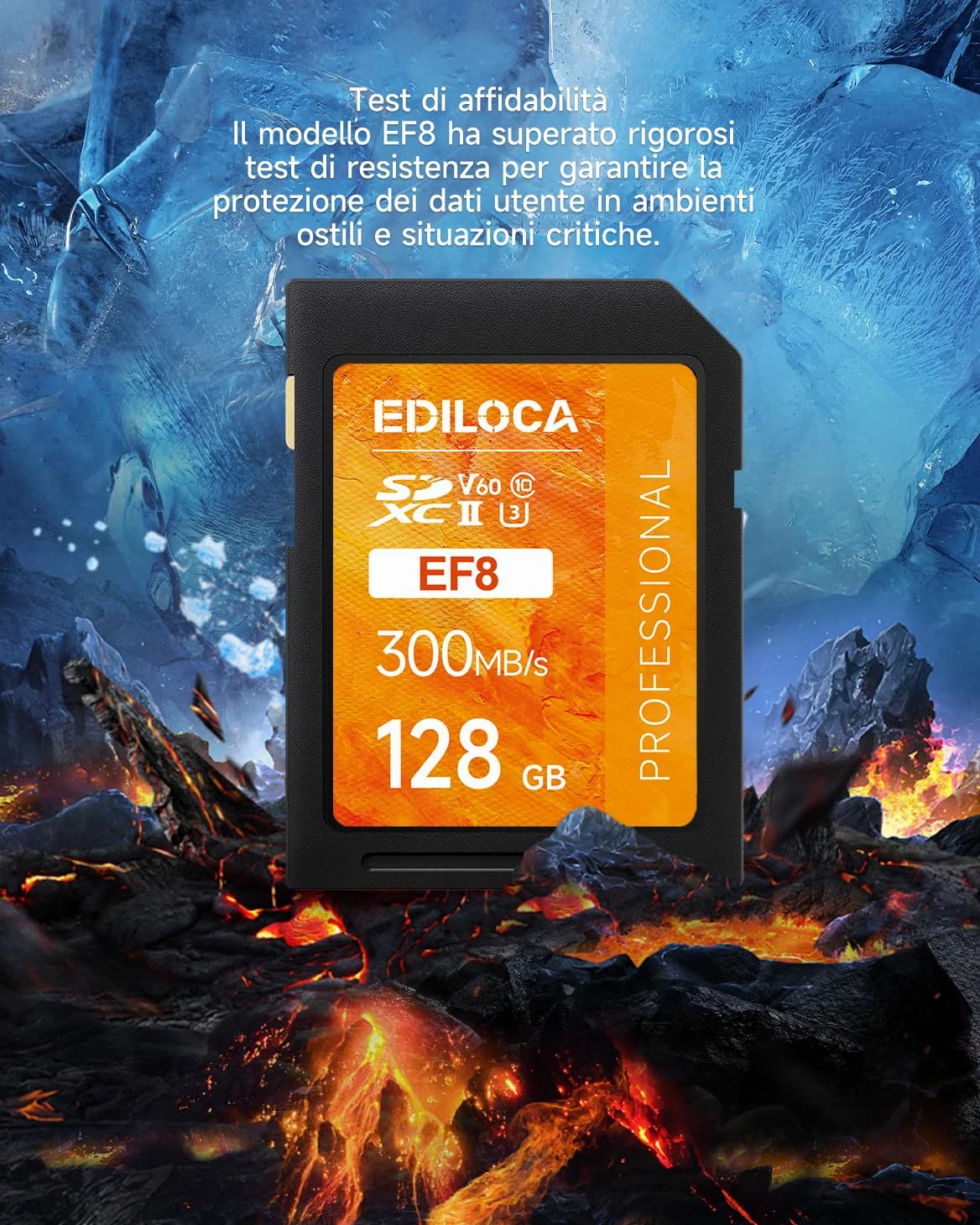 SD Card 128GB UHS-II Classe V60 per Fotocamere Professionali, Scheda SD ad Alta Velocità 300MB/s Impermeabile e Antishock, Memory Card Compatibile con Canon 4K/6K Video (EF8)