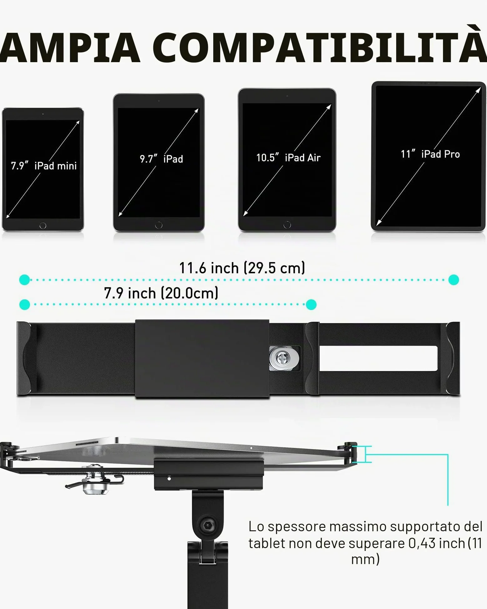 AboveTEK Supporto da Parete per Tablet/iPad/Ardesia/Fuoco da 7 a 11 Pollici, Porta per Tablet con Serratura di Sicurezza Antifurto e Chiave, Supporto Snodato Regolabile con Braccio Lungo(Nero)