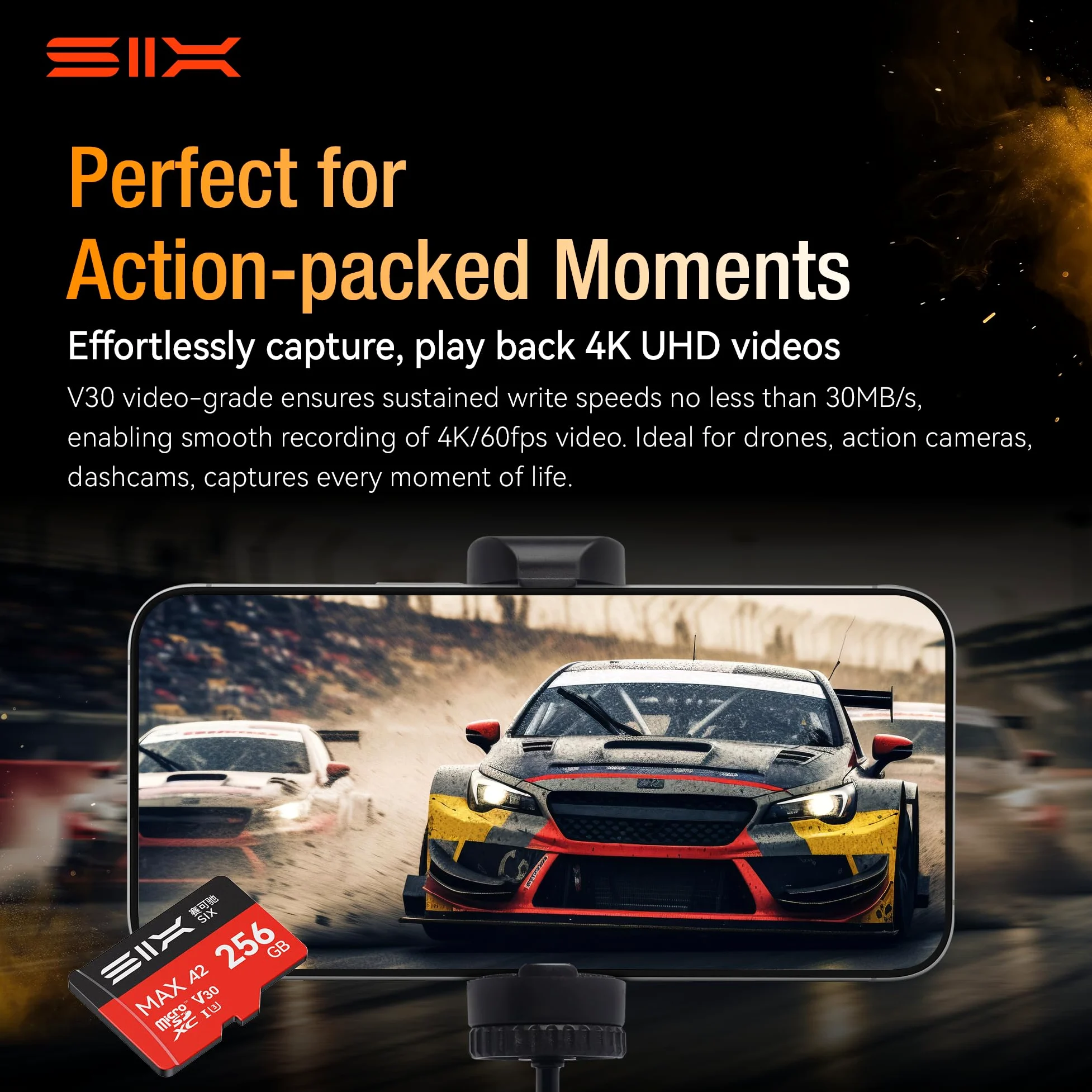 SIX Scheda micro SD M200 da 256 GB, lettura fino a 190 MB/s per registrazione continua 4K UHD, scheda di memoria microSDXC A2, U3, V30, da 256 GB, con adattatore per action camera, droni, console di