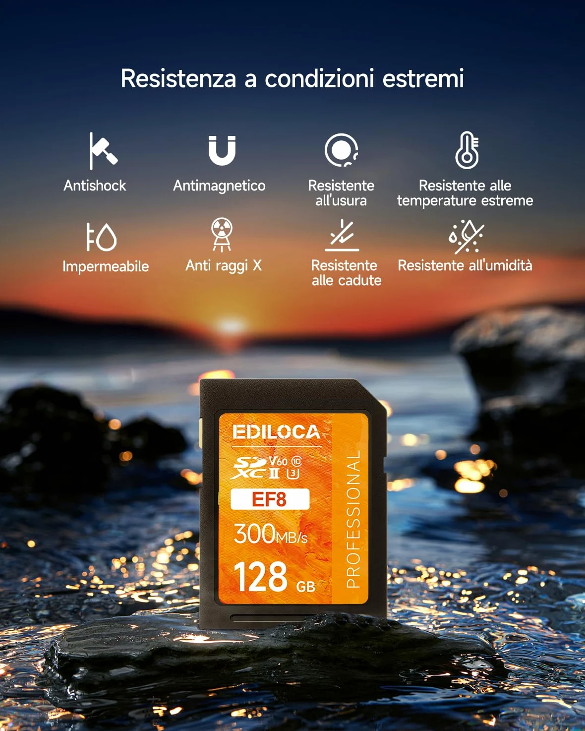 SD Card 128GB UHS-II Classe V60 per Fotocamere Professionali, Scheda SD ad Alta Velocità 300MB/s Impermeabile e Antishock, Memory Card Compatibile con Canon 4K/6K Video (EF8)