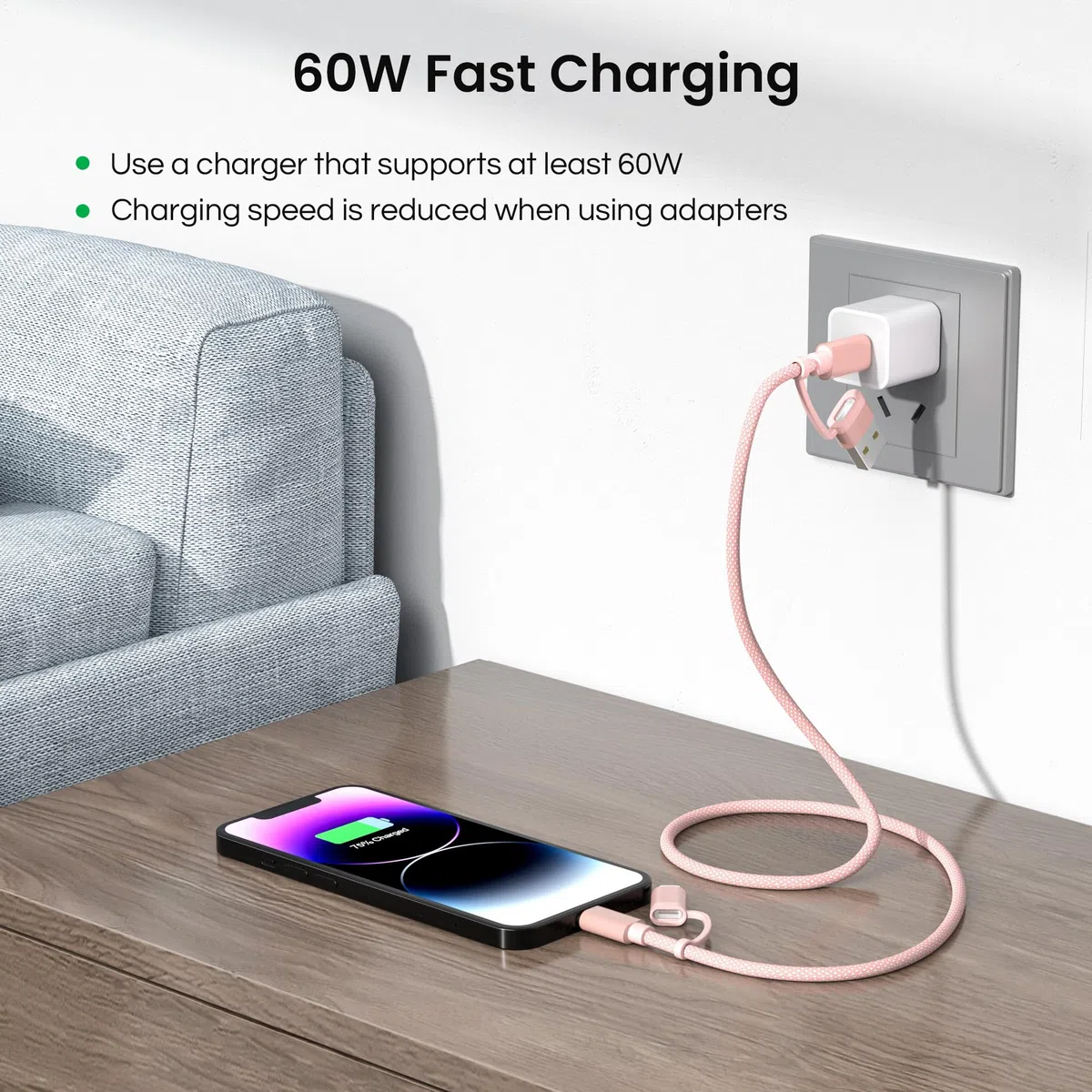 BASESAILOR iPhone 14 13 Pro Max Cavo Ricarica Multifunzione 4-in-1 USB C 2M,Potenza Massima 60W,Combo Lightning/USB A per Samsung Galaxy A13 A21 A22 A23 A31 A32 A33,Apple 17 16 15 Plus,MacBook,Pixel