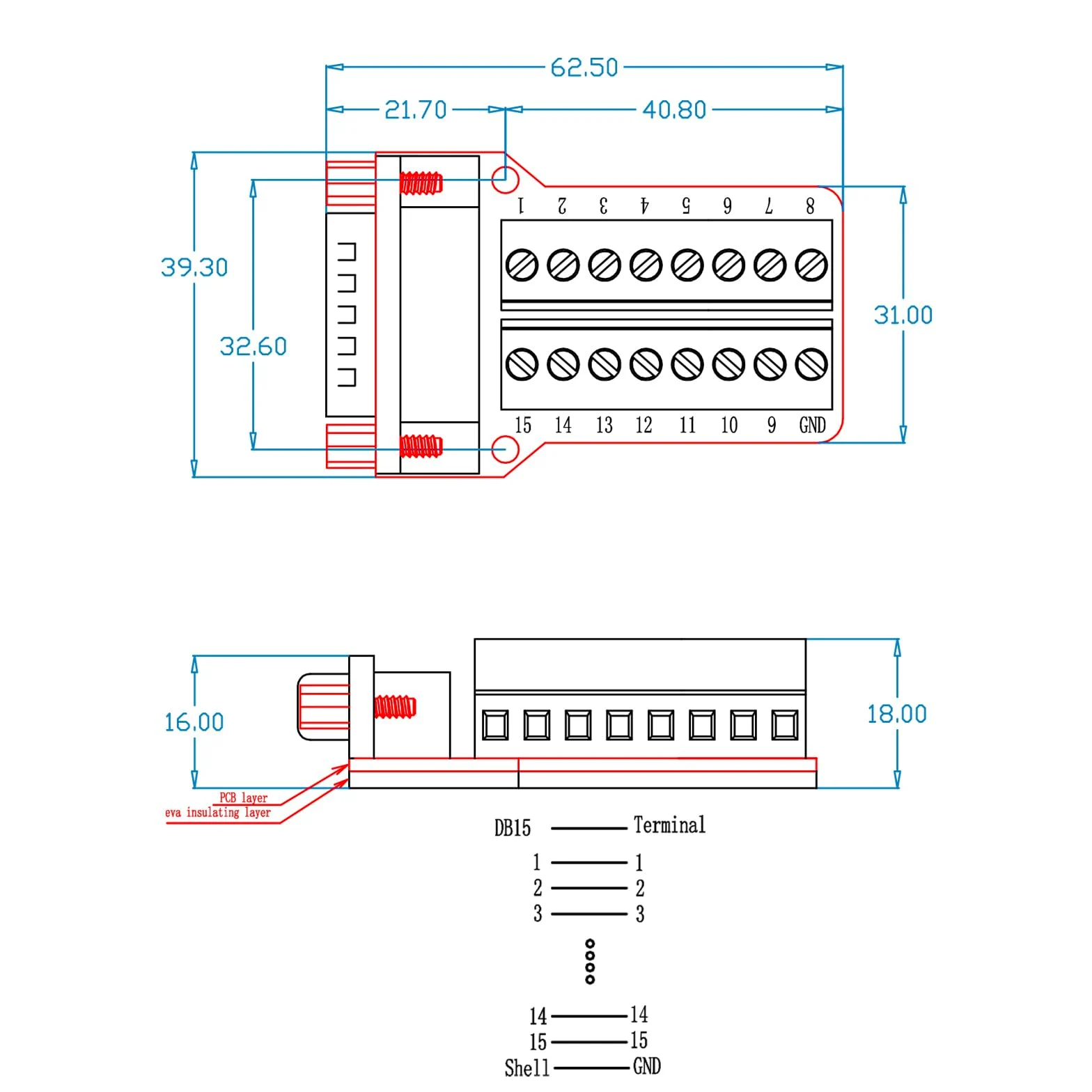 DB15 - Adattatore a 15 poli, connettore Breakout D-SUB RS-232, seriale su 15 poli, morsettiera senza saldatura, modulo di segnale con cuscinetto isolato