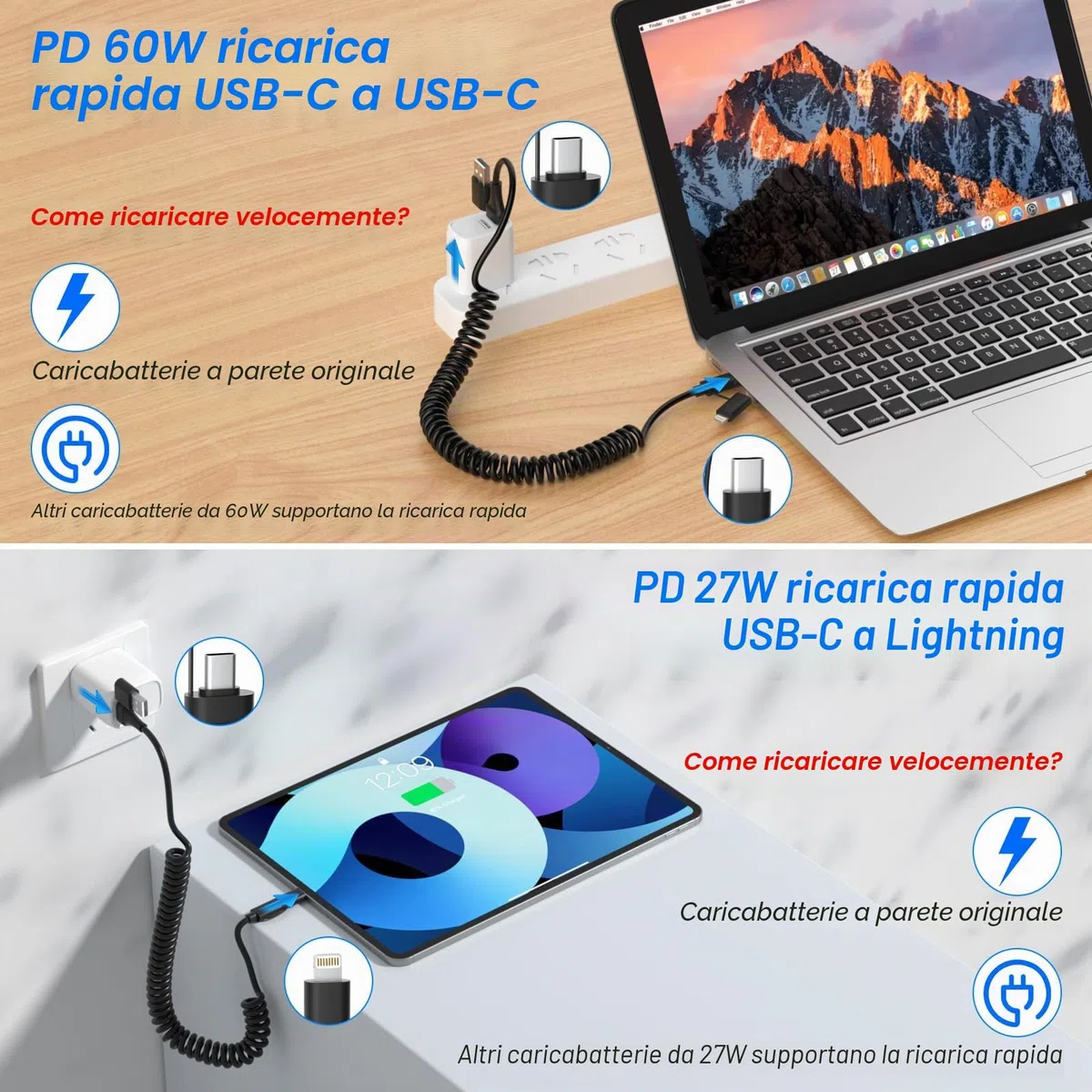 Cavo USB C e Lightning 4 in 1 [Certificato MFi] iPhone CarPlay e Android Auto, ricarica rapida e sincronizzazione dati da 60 W, cavo di ricarica multiplo a spirale per iPhone/Android/iPad/laptop