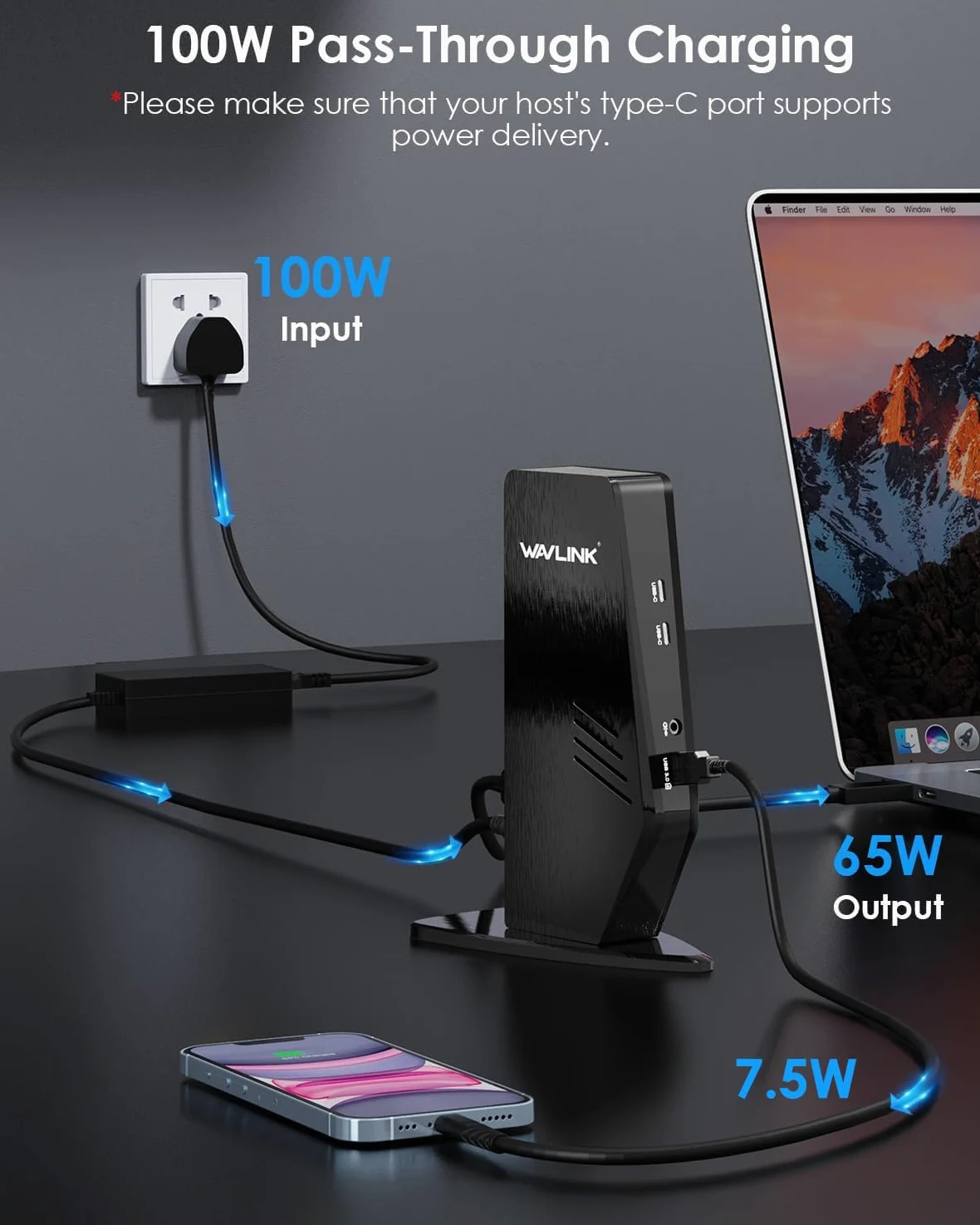WAVLINK Docking station universale USB 3.0 e USB-C per laptop con 100 W, docking station per doppio monitor per Windows o Mac, HDMI 4K (2 HDMI, 2 porte display, 3 USB-A, 2 USB-C, Ethernet, audio e