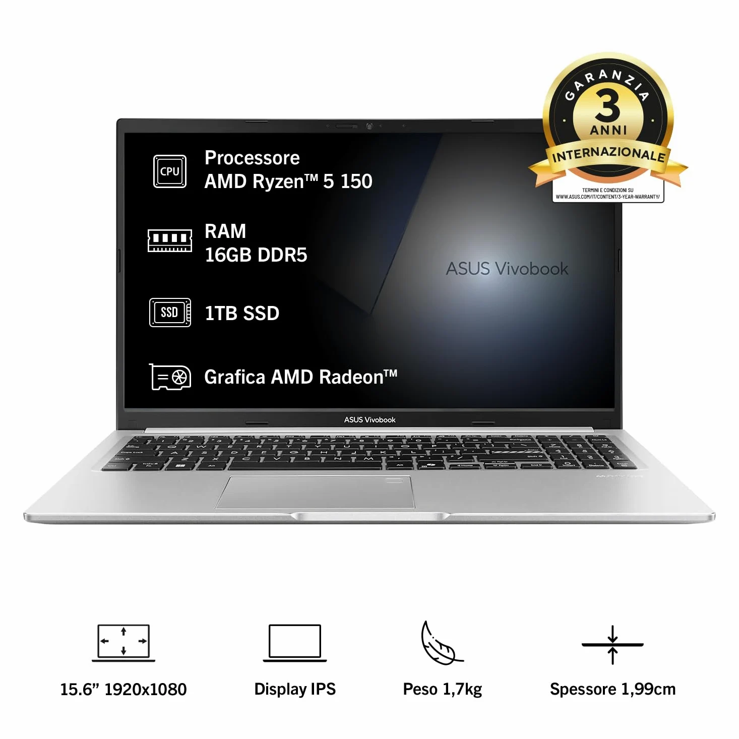 ASUS Vivobook 15 M1502NAQ, Notebook con display 15.6" IPS, Anti-glare, 60Hz, processore AMD RYZEN 5 150,RAM 16GB, 1TB SSD, WIN11 Home, Argento