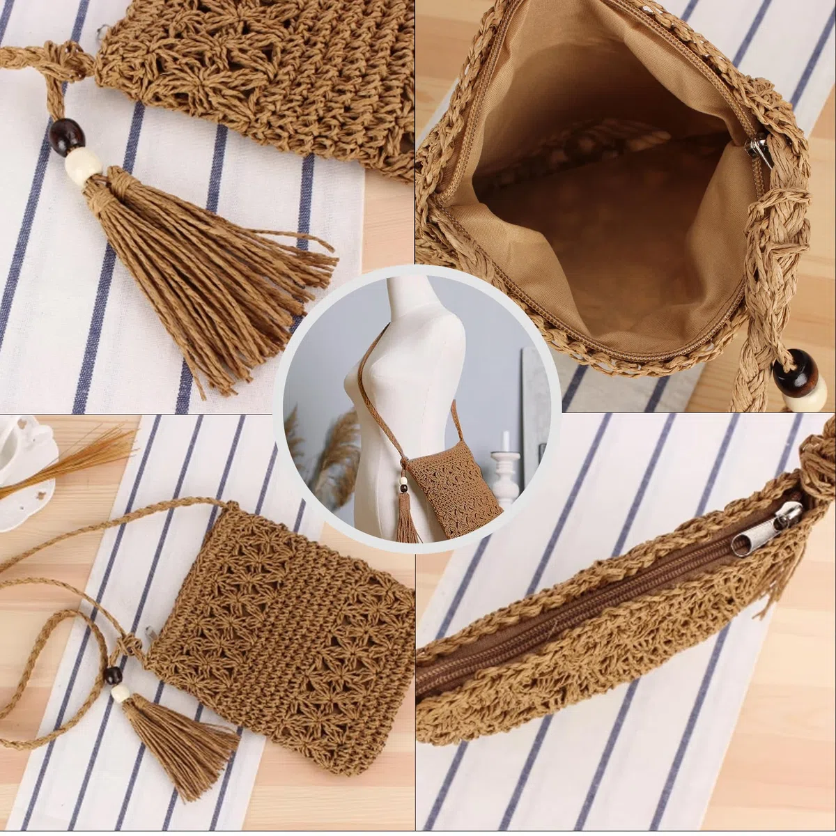 Moda Classica Pochette Donna, Borsa Mare Paglia in Stile BohéMien, Tracolla Retrò con Nappe E Cerniera per Incontri, Gita in Spiaggia (Marrone)