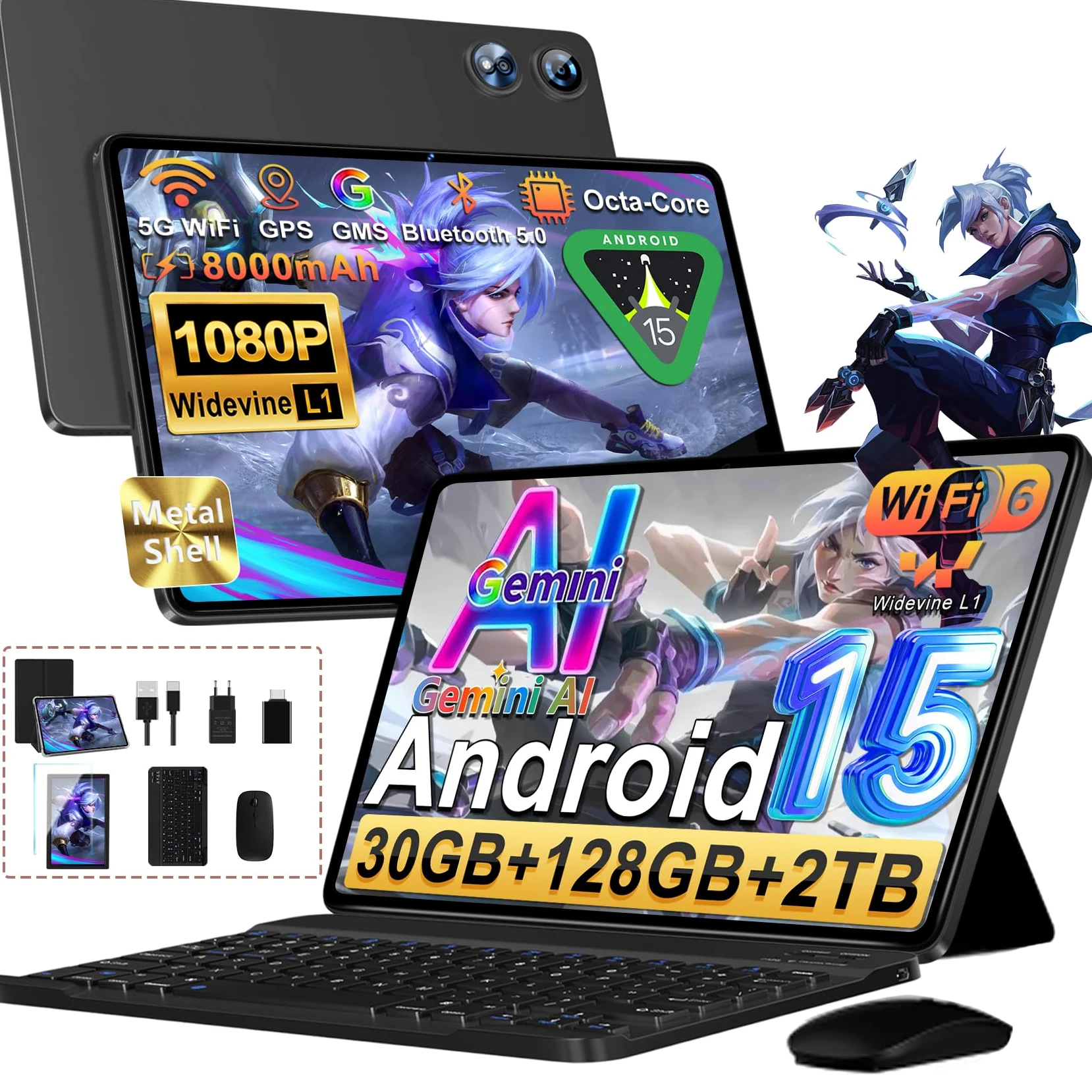Android 15 Tablet 10 Pollici Con Octa-Core 2.0GHz, 30GB RAM 128GB ROM(TF 2TB Espandibile), Gemini AI tablet, 8000mAh, Widevine L1/ WIFI 5G/ GPS/Face ID/BT5.0/ Face ID,Tablets con Tastiera e Mouse-Nero