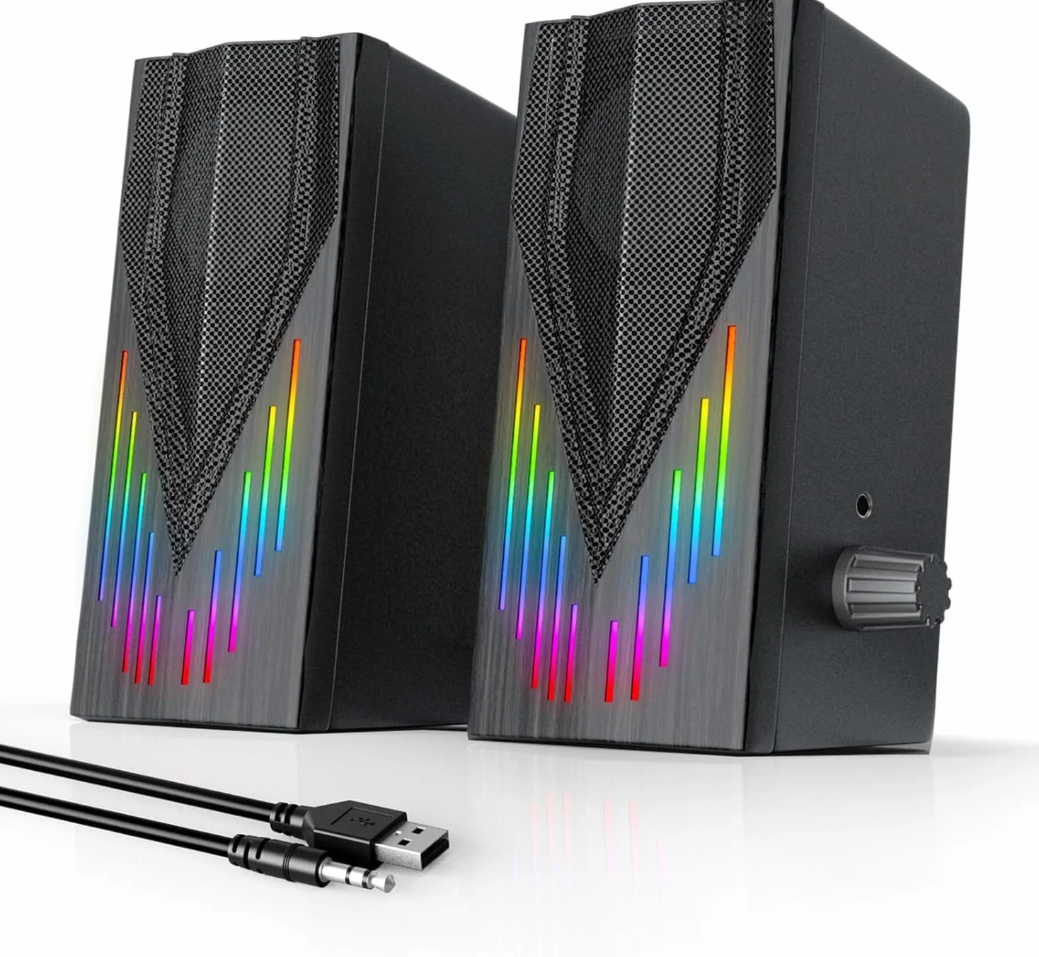 Uakinat Altoparlanti per computer con 6 luci RGB colorate, alimentati tramite USB AUX da 3,5 mm con suono stereo forte, ingresso cuffie per desktop, PC/laptop/tablet telefono