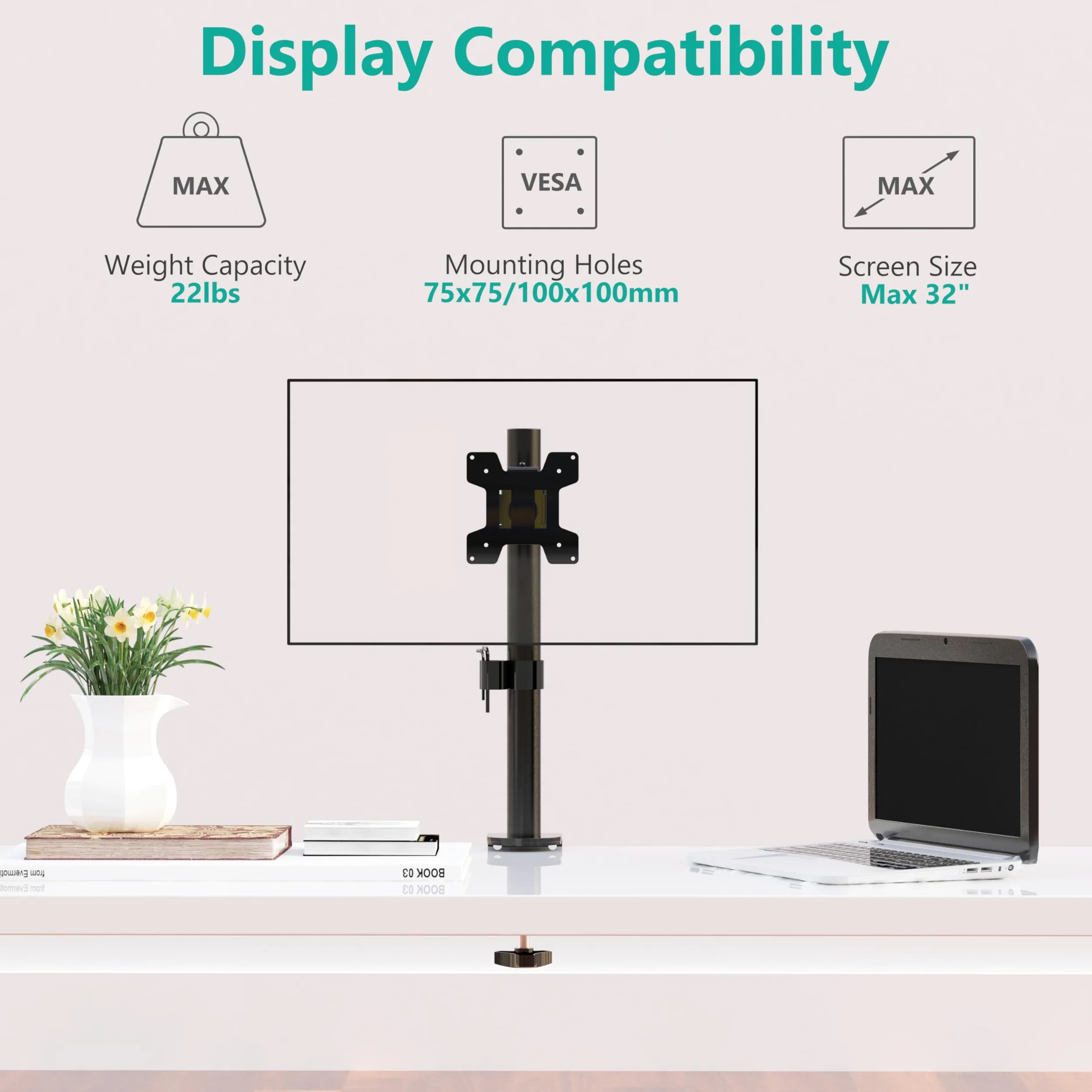 WALI Braccio singolo per monitor fino a 27", completamente regolabile, con inclinazione e rotazione, portata fino a 10 kg, VESA 75 e 100 mm, nero