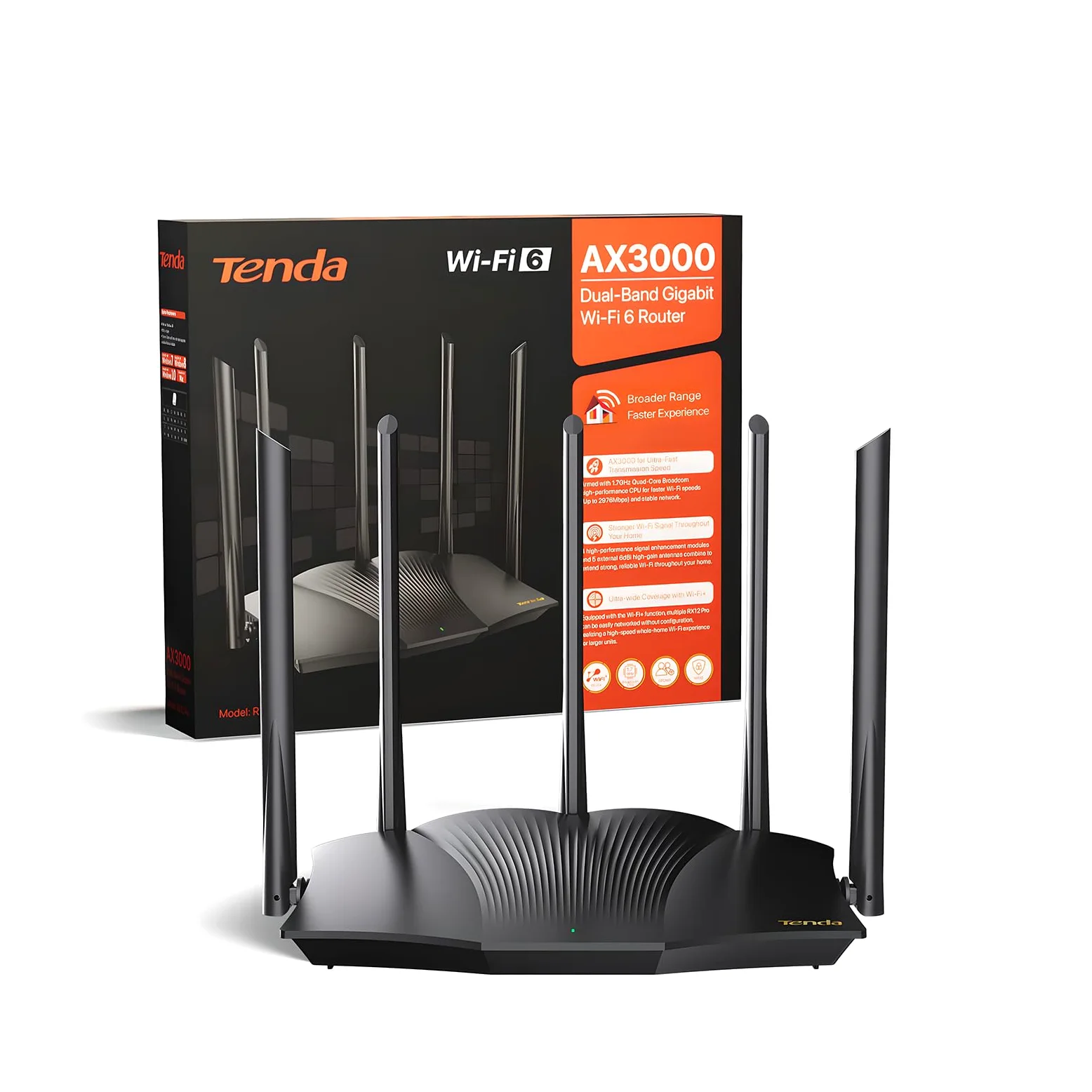 Tenda RX12 Pro Router WiFi 6 AX3000 Dual Band Gigabit, 2404Mbps/5GHz + 574 Mbps/2.4GHz, 4 Porte Gigabit, Larghezza di banda 160MHz, WiFi+ Mesh, OFDMA/VPN/WPA3/IPV6/TWT
