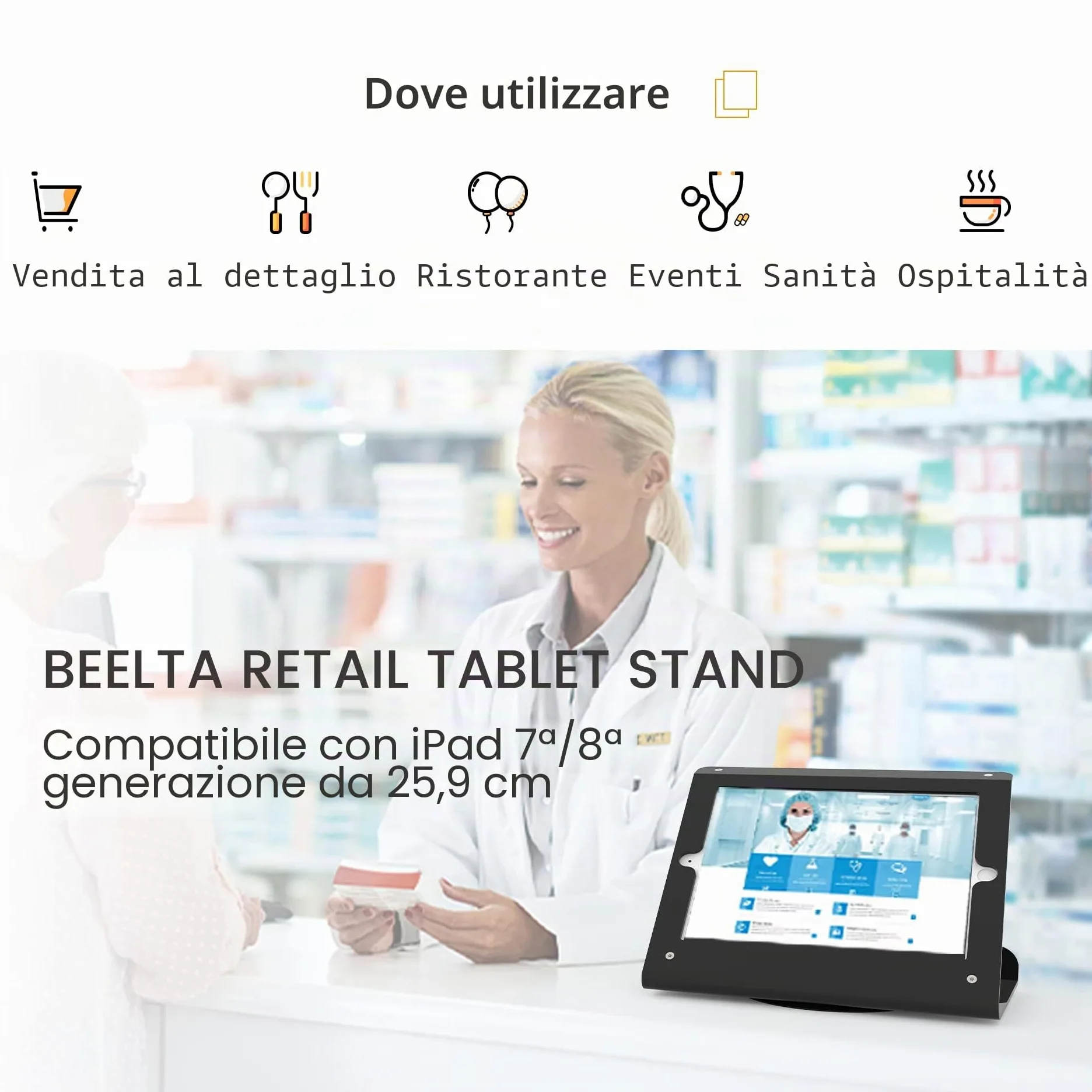 Supporto antifurto per iPad 10,2 pollici di 9a /8a /7a generazione, base girevole a 360 gradi, supporto per iPad da tavolo per negozi, supermercati, ecc.
