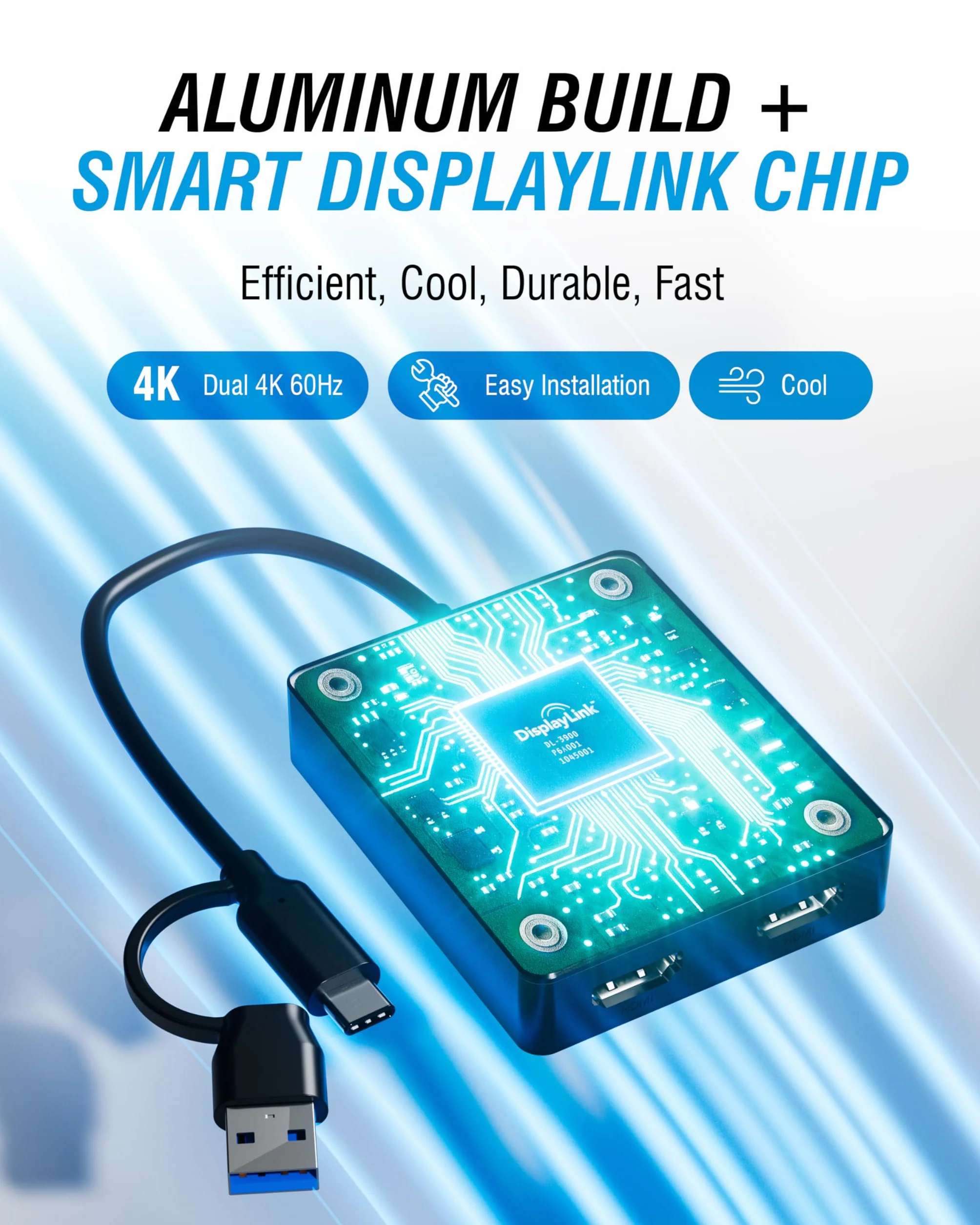 SABRENT Adattatore da USB tipo C/A a doppio HDMI, 4K a 60Hz, modalità estesa e specchio, compatibile con Alt Mode + DisplayLink, audio stereo/5.1, supporto HDCP, alloggiamento in alluminio, Plug