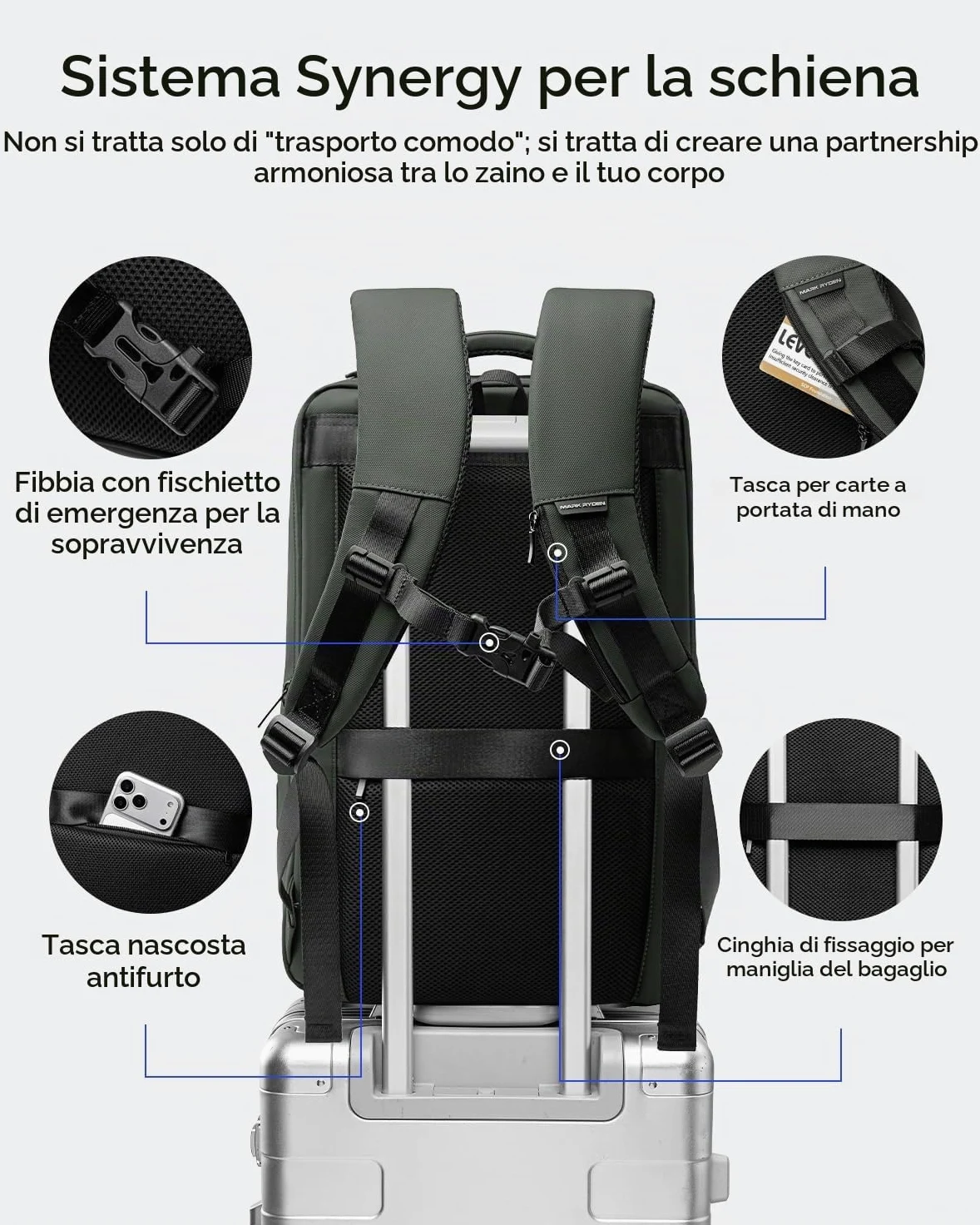 MARK RYDEN Zaino portatile di grande capacità con USB 17.3 pollici/15.6 pollici per gli uomini multifunzione antifurto zaino giorno per business