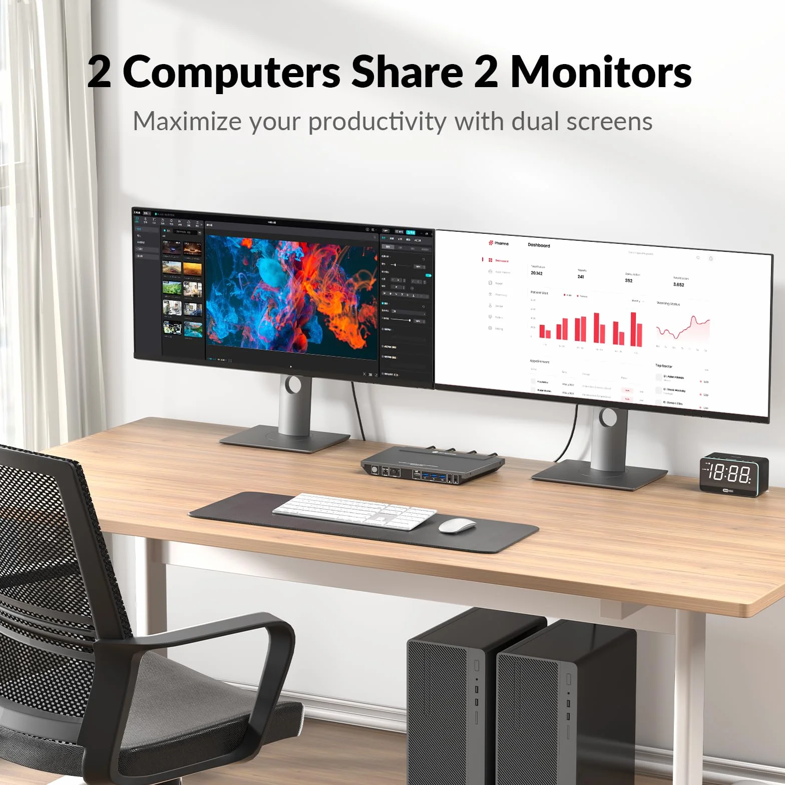 AV Access KVM Switch Doppio Monitor 2 Porte 4K@60Hz, 2K@144Hz, 1080P@240Hz, HDMI USB 3.0 Display Esteso 2 Monitor 2 Computer, Hotkey