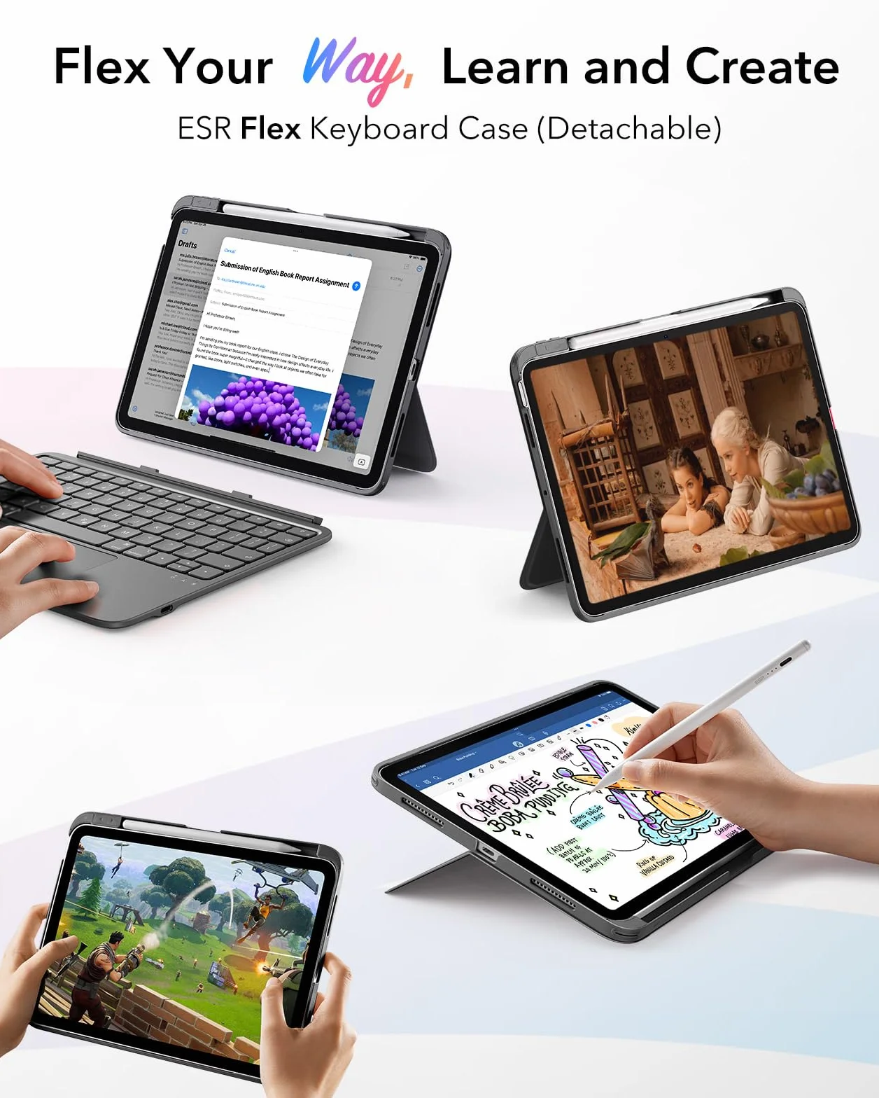 ESR iPad 11" (A16) 2025/10. Gen Flex Custodia con tastiera, tastiera magnetica ultra leggera rimovibile per iPad 10.9" con modalità di scrittura e visualizzazione, grande trackpad di precisione