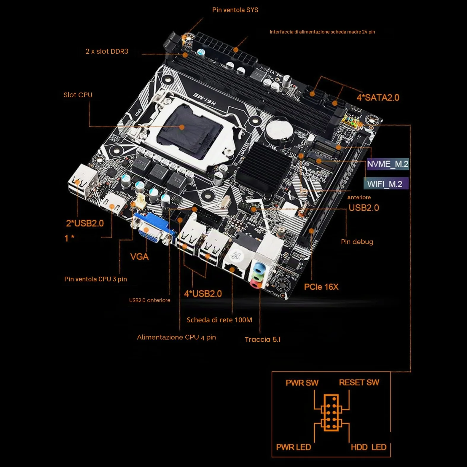 VBESTLIFE Scheda Madre H61-ME Mini ITX con Slot CPU LGA1155, Slot di Memoria DDR3 a Doppio Canale, con VGA HDMI e 10 Interfacce USB 2.0