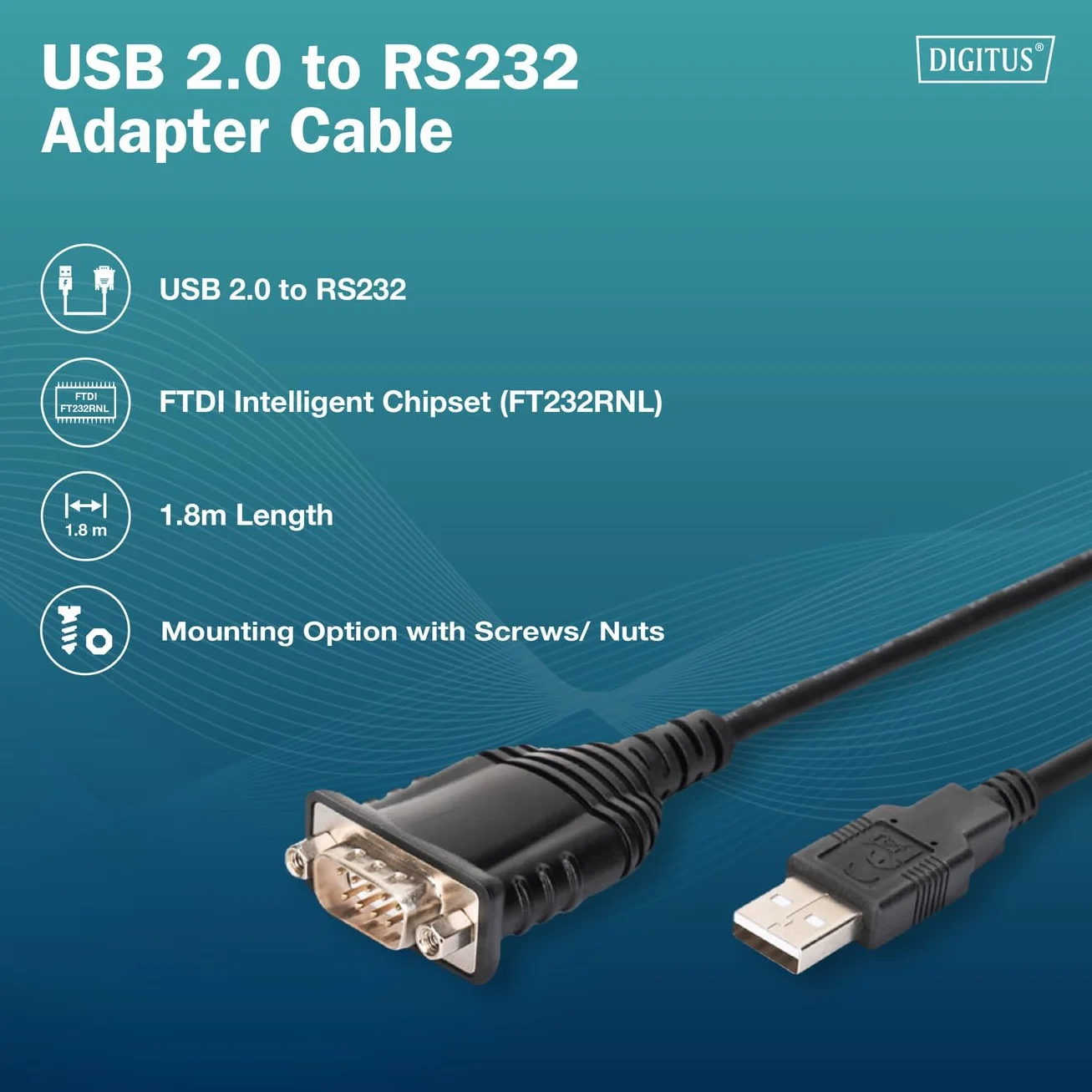 DIGITUS DA-70172 – Cavo Adattatore da USB 2.0 a RS232 – USB-A, connettore DB9 – Lunghezza 1,8 m – Chipset FTDI – velocità di Trasmissione Dati da 75 a 128.000 BPS – Ritenzione Porta Com – Nero