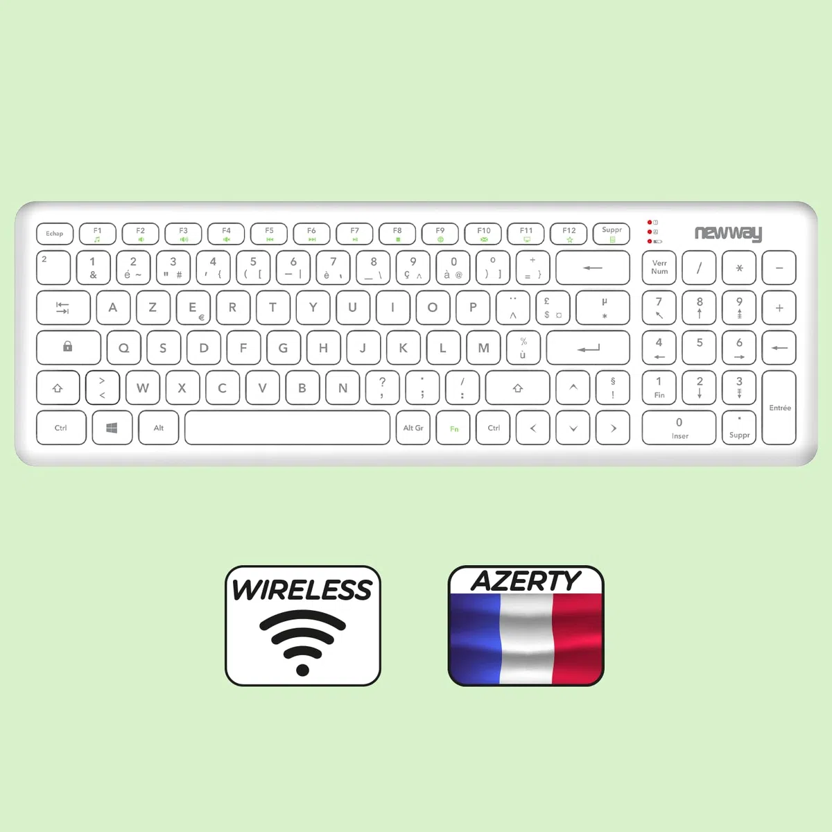 NEWWAY – Pack RF01 Tastiera Mouse Wireless con Tappetino – Tastiera AZERTY 97 Tasti 13 Scorciatoie – Mouse WiFi 2.4 GHz 4 Tasti – Ricevitore USB – Bianco