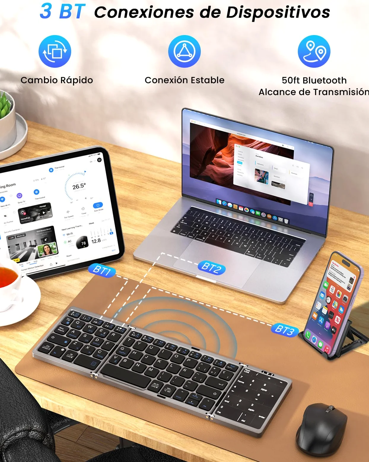 MoKo Tastiera Bluetooth Pieghevole, Spagnola Tastiera Portatile Pieghevole | con Touchpad e Tastiera Numerica, Wireless Tastiera Ricaricabile Multi-Dispositivo per Windows iOS Android Tablet/Phone