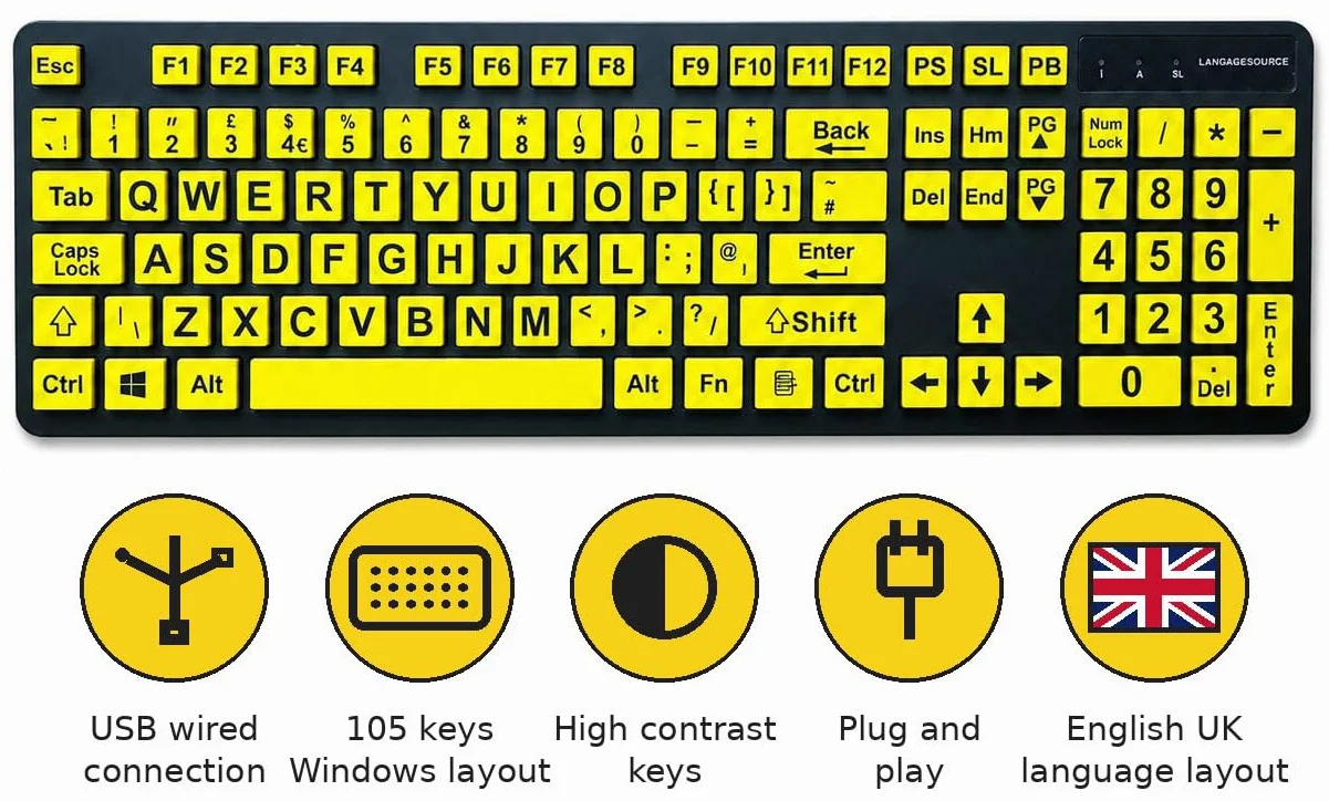 Grande tastiera di stampa, layout inglese in lingua inglese, tastiere USB cablate per computer tasti gialli per ipovedenti e ipovedenti.
