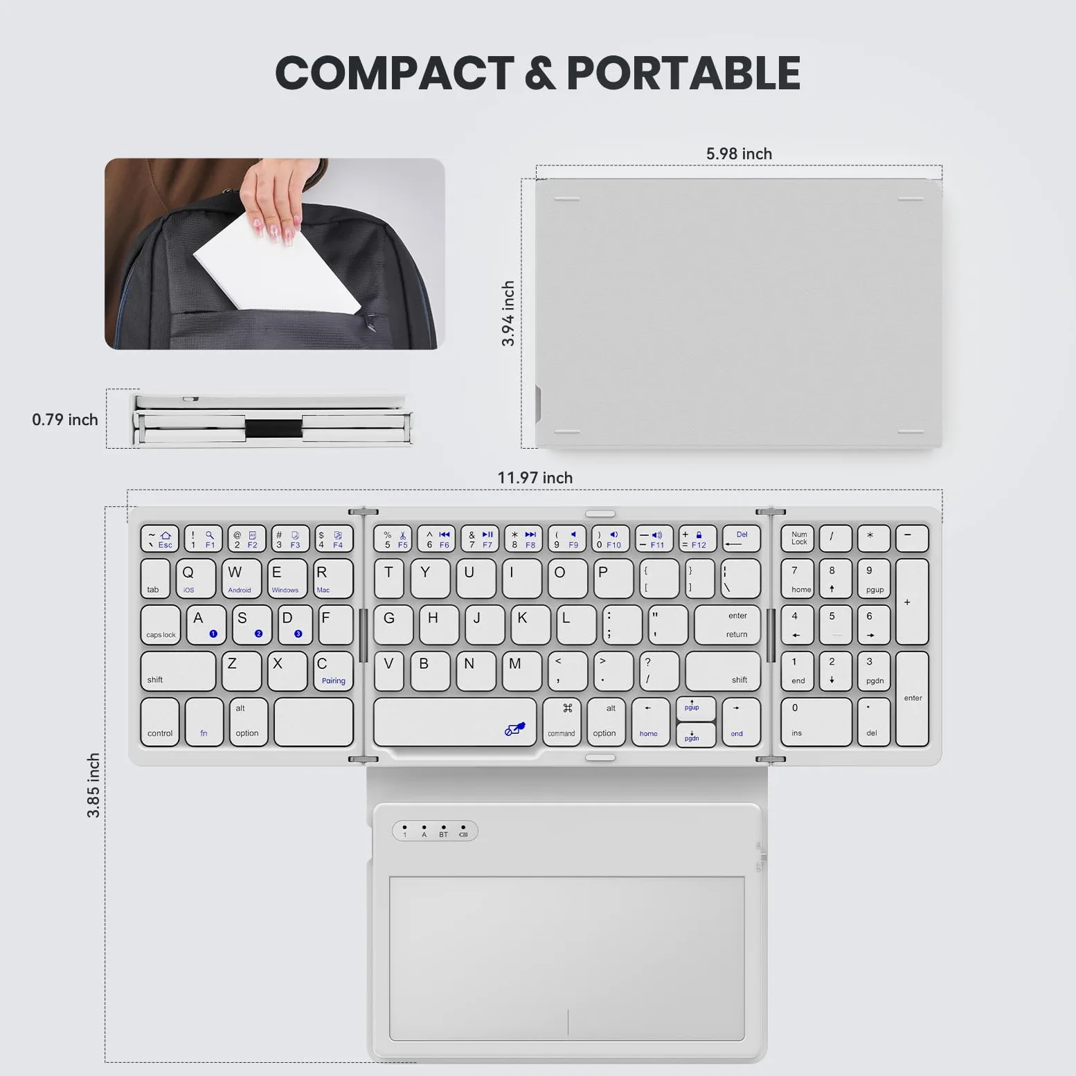 GEODMAER Tastiera Bluetooth pieghevole, portatile di dimensioni standard, tastiera pieghevole con grande touchpad, tastiera numerica, in pelle PU, tastiera da viaggio wireless per Windows, Android,