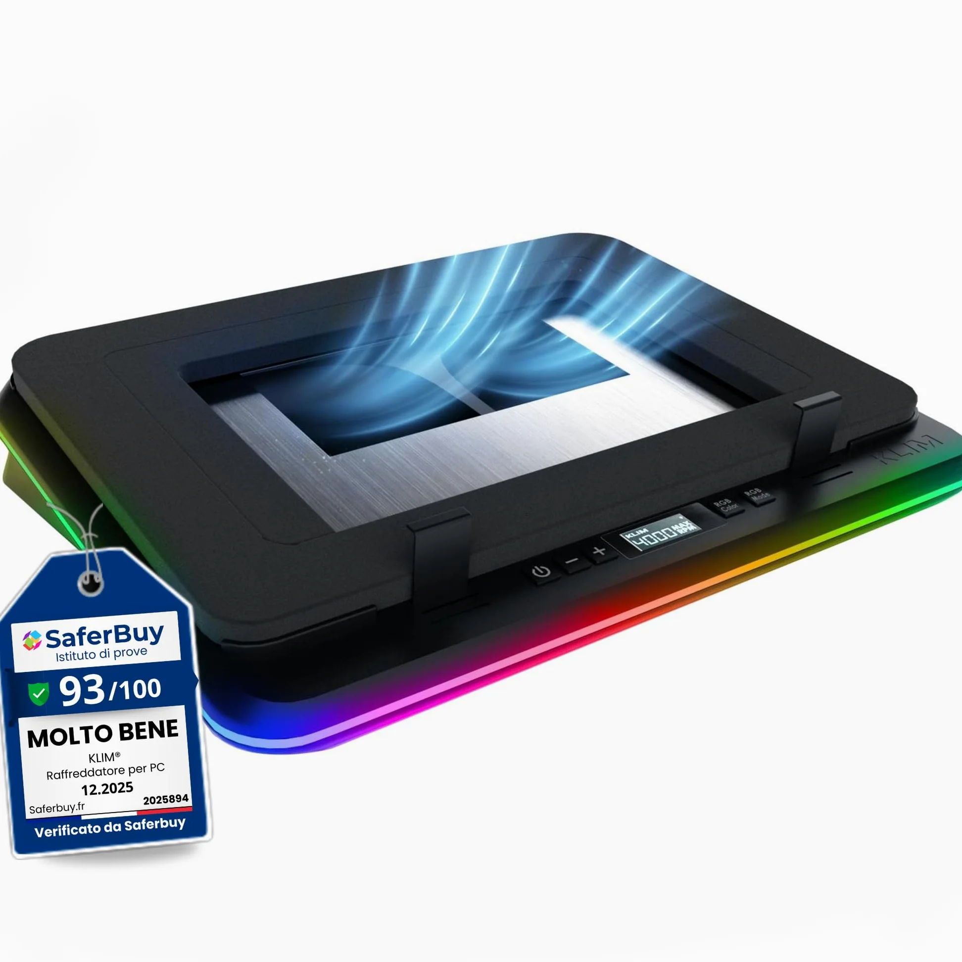 KLIM Turbofrost Base Raffreddamento PC Portatile - 4 turbo ventole fino, 4 x 4000 RPM, Ventola PC Portatile USB-C o DC, RGB, 4 porte USB, schiuma sigillata, raffreddamento rapido Compatibile fino a 17
