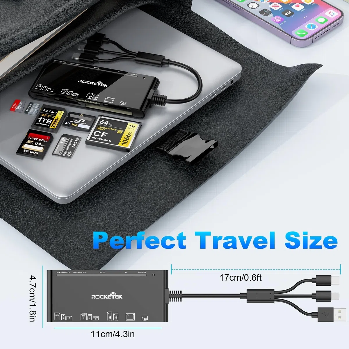 Lettore multiplo di schede di memoria 7 in 3 - Lettore multiplo di schede USB C Lightning USB 3.0 per SD TF CF XD MS,5Gbps adattatore lettore di schede SD per iPhone 17/16/15/14/Pad/MacBook/Samsung/PC