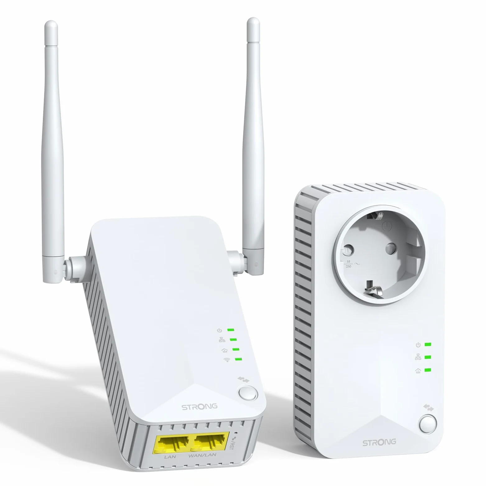 STRONG AV600 Kit Powerline con Pass-Through, WiFi 300Mbps, Presa Integrata, Ripetitore Powerline WiFi HomePlug AV2, Plug & Play, Modalità Risparmio Energetico, Port LAN 100Mbps (POWERLWF600DUOEUV2)