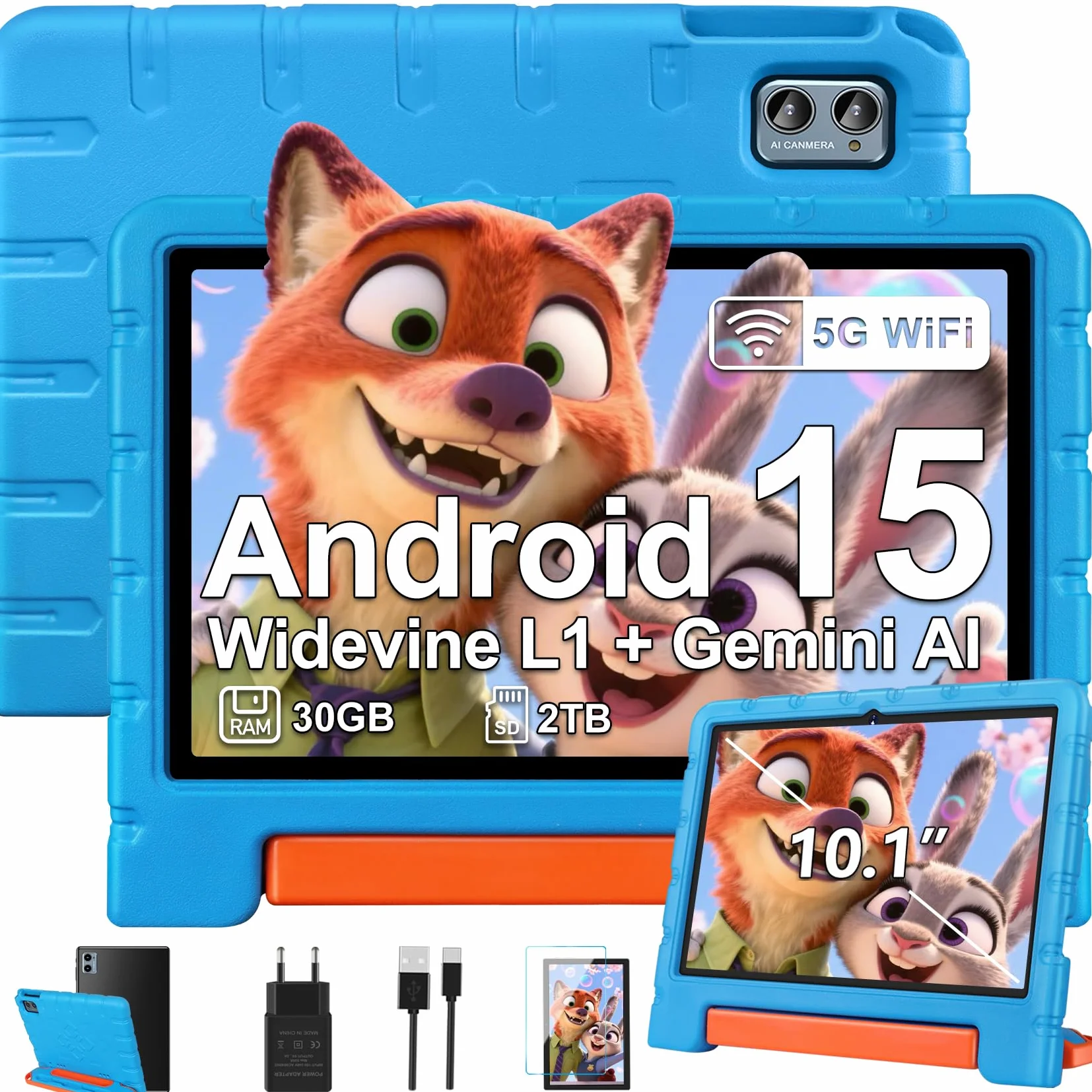 ZIOVO Tablet Bambini 10 Pollici Tablets Android 15, 30GB RAM+64GB ROM(TF 2TB), 5G WiFi Tablets,Gemini AI/Octa-Core/Widevine L1/Face ID/Parentale Controllo/6000 mAh/BT 5.0, Tablet con Eva Caso-Blu