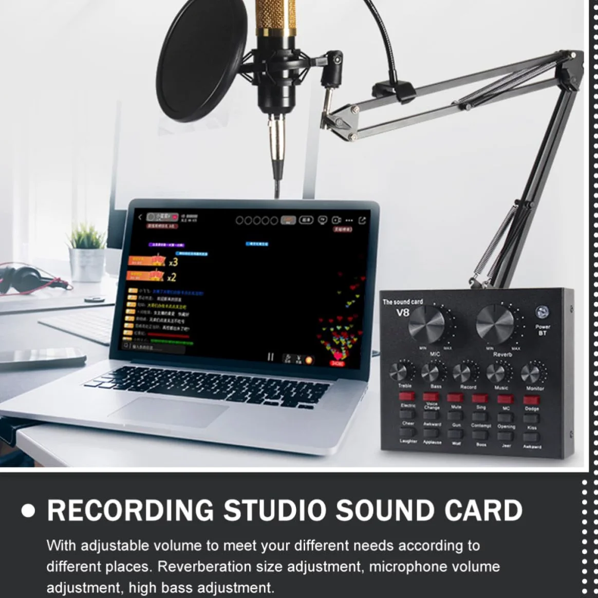 Housoutil Scheda Audio Esterna Professionale Mixer Audio e Effetti, Microfono Condensatore Nero in Metallo Volume Regolabile per Live Streaming e Canto