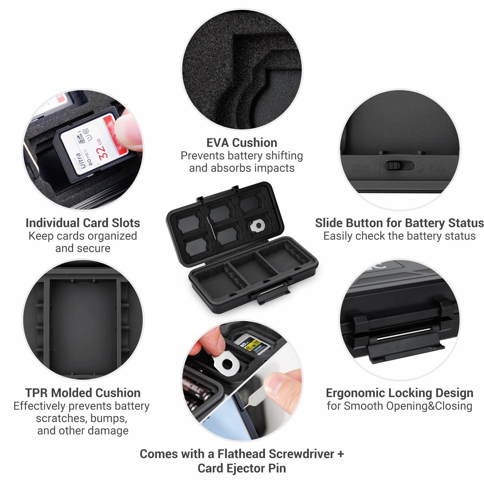 Custodia per batterie e schede di memoria per fotocamera,contenitore per 3 batterie LP-E6/NP-FZ100/NPW235/EN-EL15/DMW-BLF19/BLX-1 o 1 batteria agli ioni di litio e 8 batterie AA,Porta schede SD multip