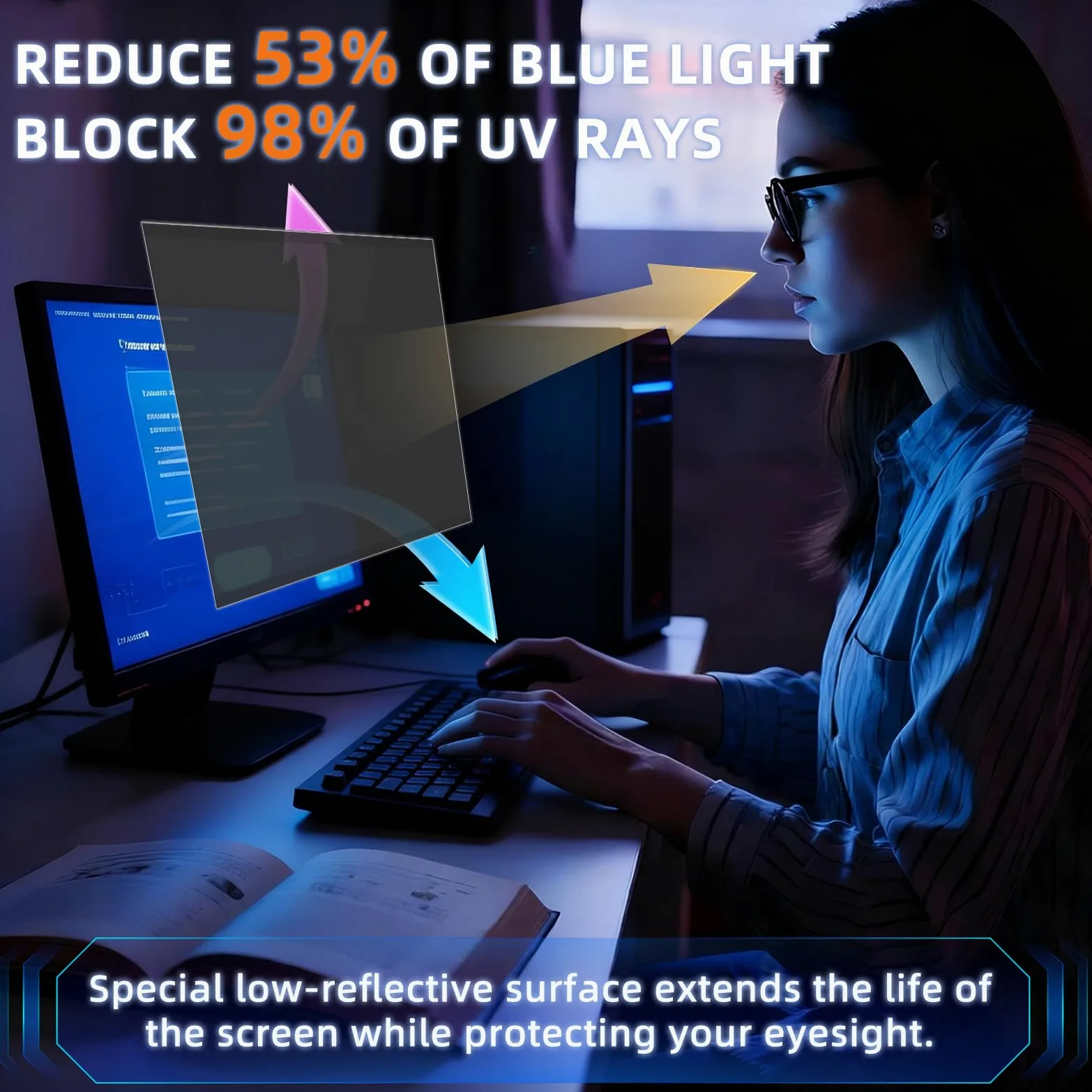 23.8 Pollici 16:9 Nanoadsorbimento Filtro Privacy Premium, Rimovibile Anti Luce Blu/Antiriflesso/Anti UV, Pellicola de Protezione per 23.8" Monitor/Laptop Computer