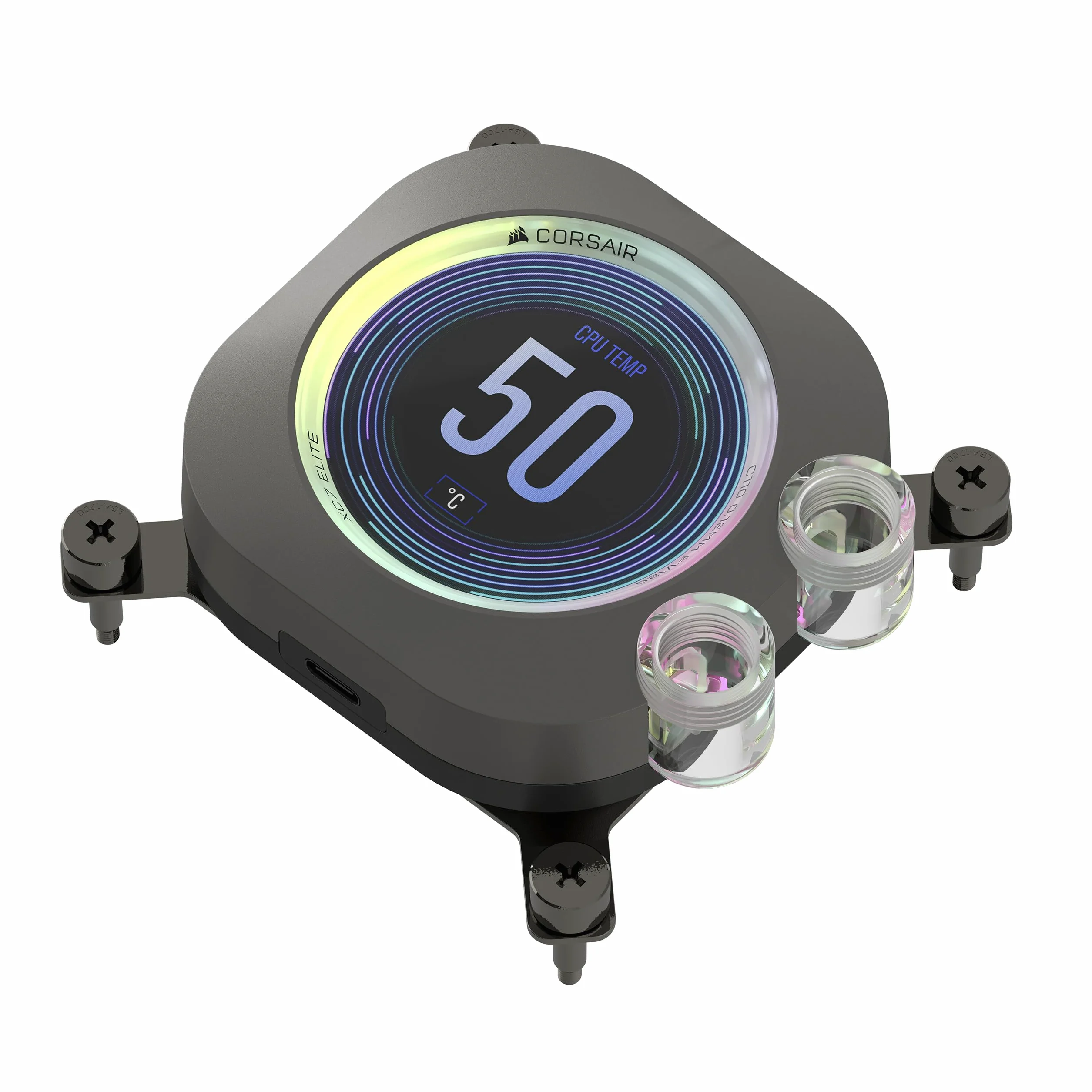 CORSAIR XC7 RGB ELITE LCD Waterblock per CPU - Schermo LCD IPS 480x480-31 LED RGB - USB-C - Adatto per Intel LGA 1700, AMD AM5 e precedenti - Grigio Invisibile