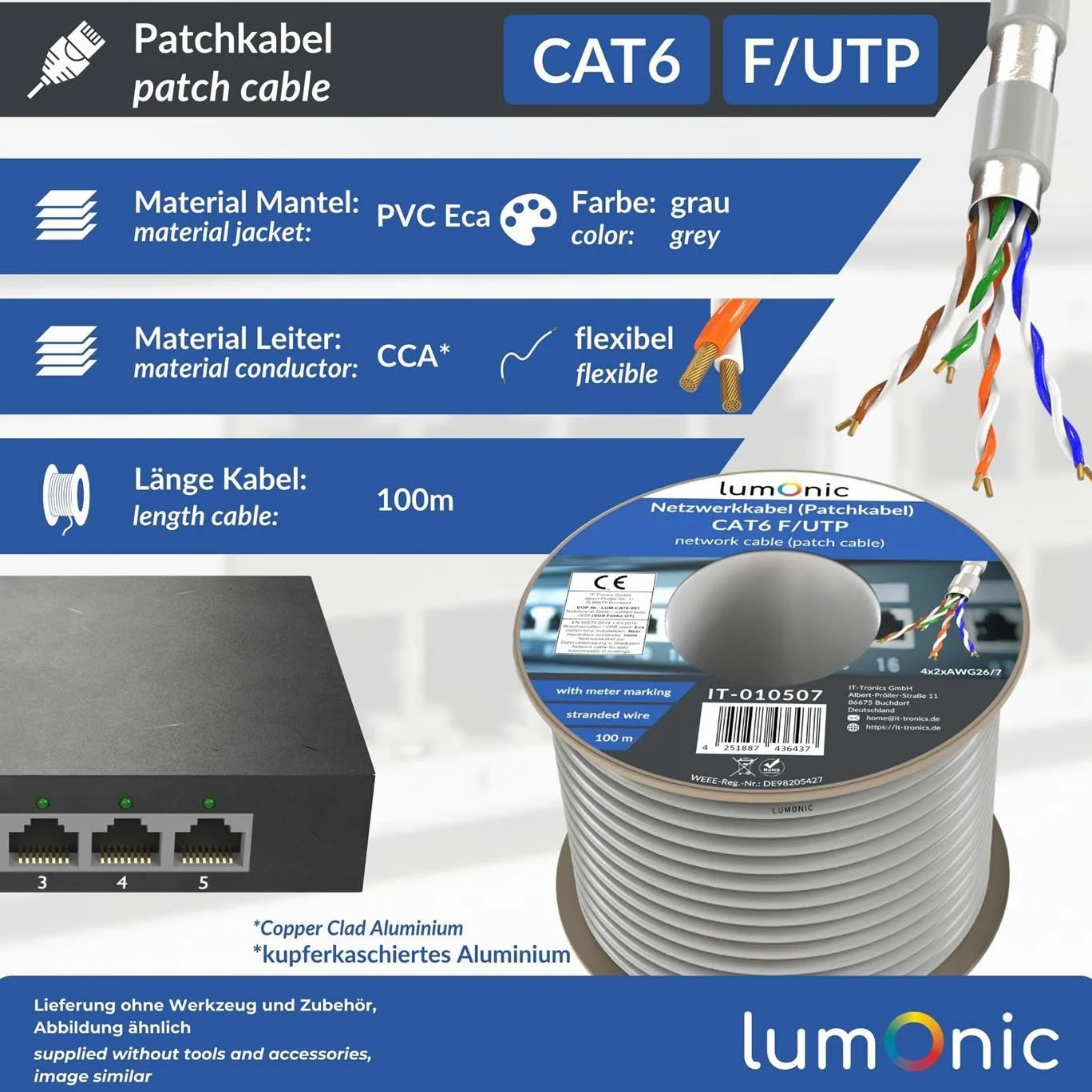 Lumonic LAN Cavo di rete 100m | LAN Cavo CAT6 F/UTP | Cavo Patch 4x 2x AWG26/7 (incagliato) | 250MHz 10 Gbit/s Ethernet