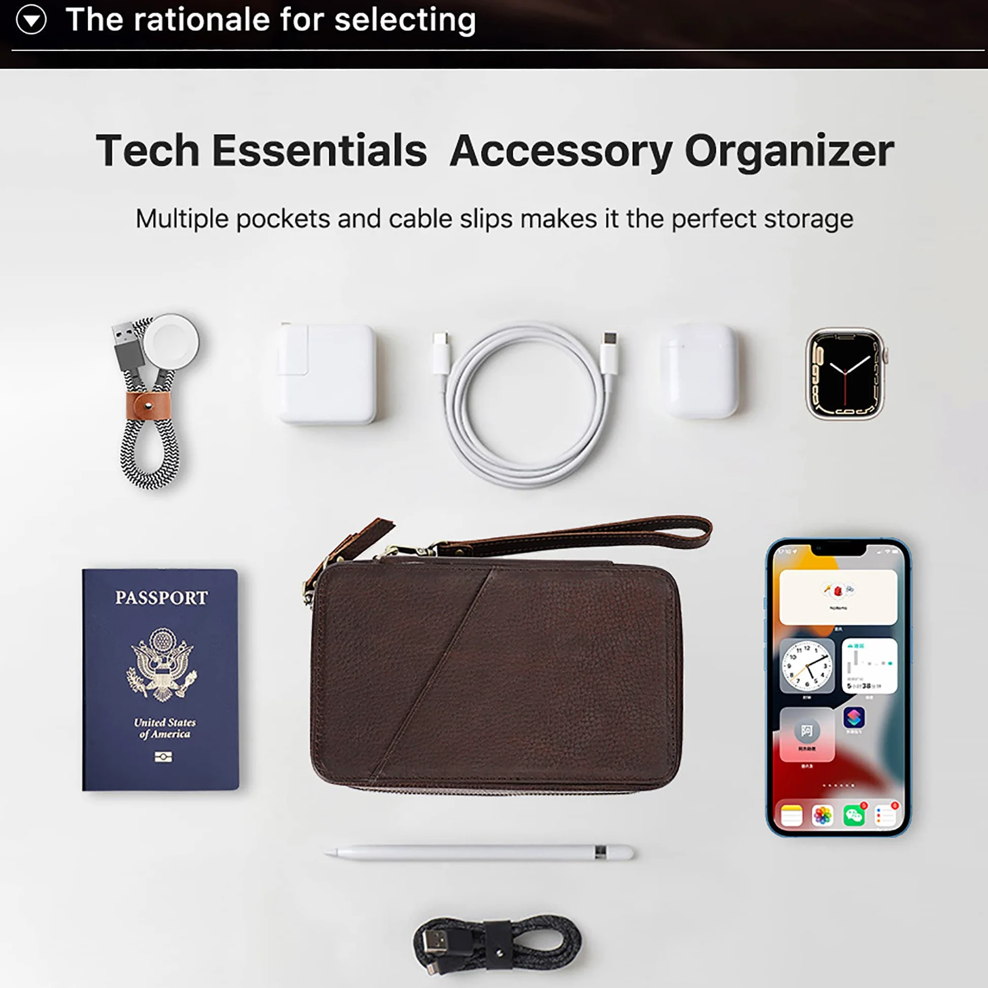 Organizer da viaggio in vera pelle per cavi USB, schede SD, caricabatterie, passaporto, contanti, telefono, orologio, penna elettronica