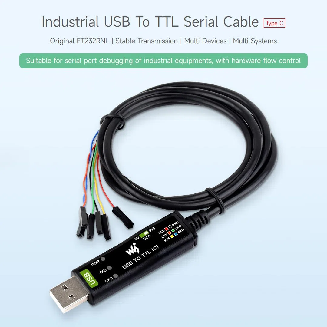 Waveshare Industrial USB TO TTL (C) 6pin Serial Cable FT232RNL Chip Multi Protection Circuits Hardware Flow Control