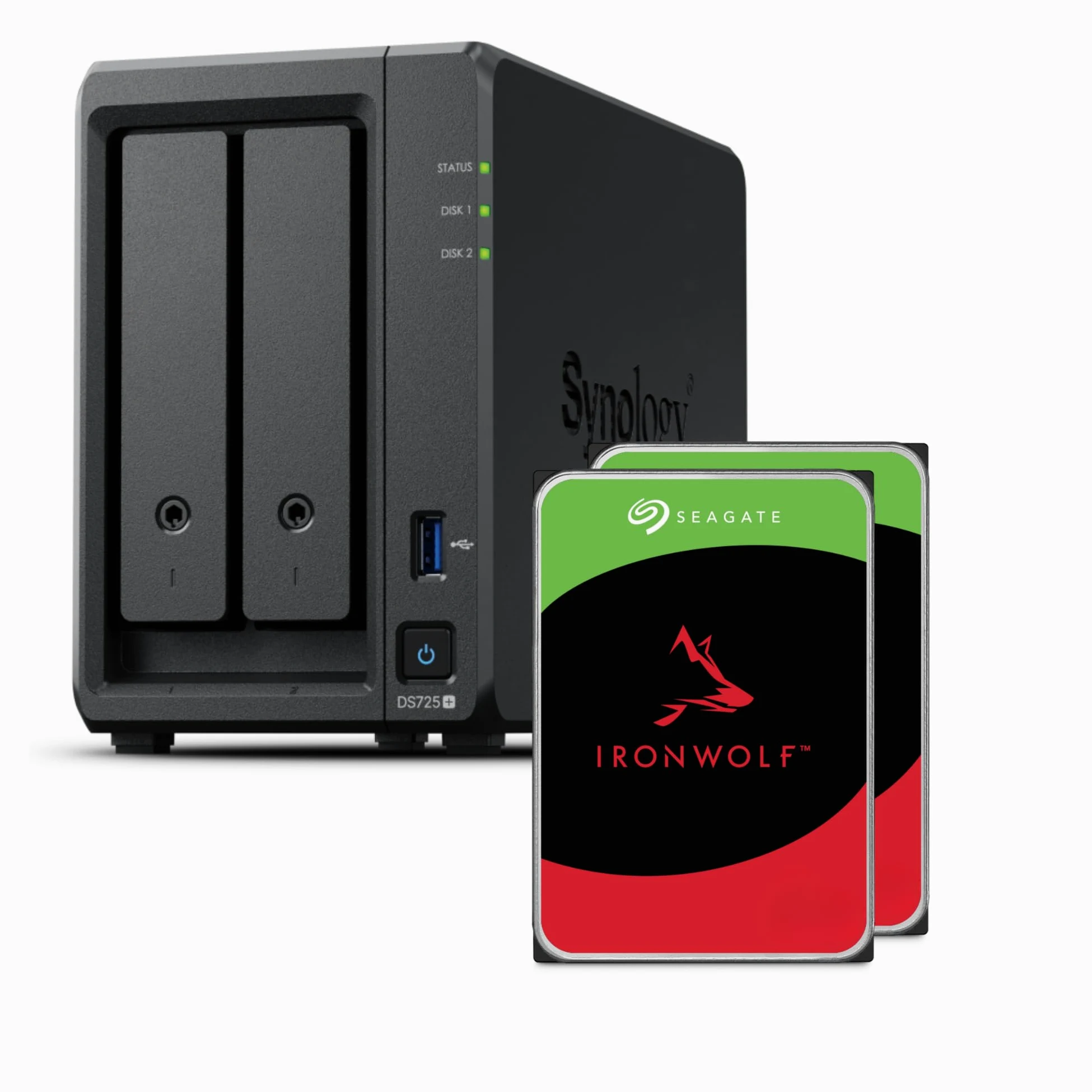 Synology DS725+ 2-Bay Diskstation NAS (Ryzen R1600, 4GB di RAM), 1x 2.5GbE, 1x 1GbE, 2X M.2 NVMe Steckplätze 8TB Bundle con Seagate Ironwolf 2X 4TB