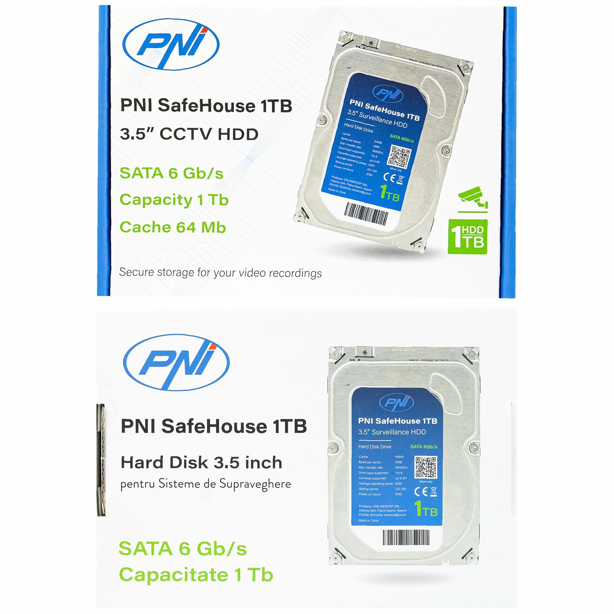 PNI Hard Disk interno SafeHouse 1TB, 3.5" HDD, CCTV, 64MB, per sistemi di sorveglianza