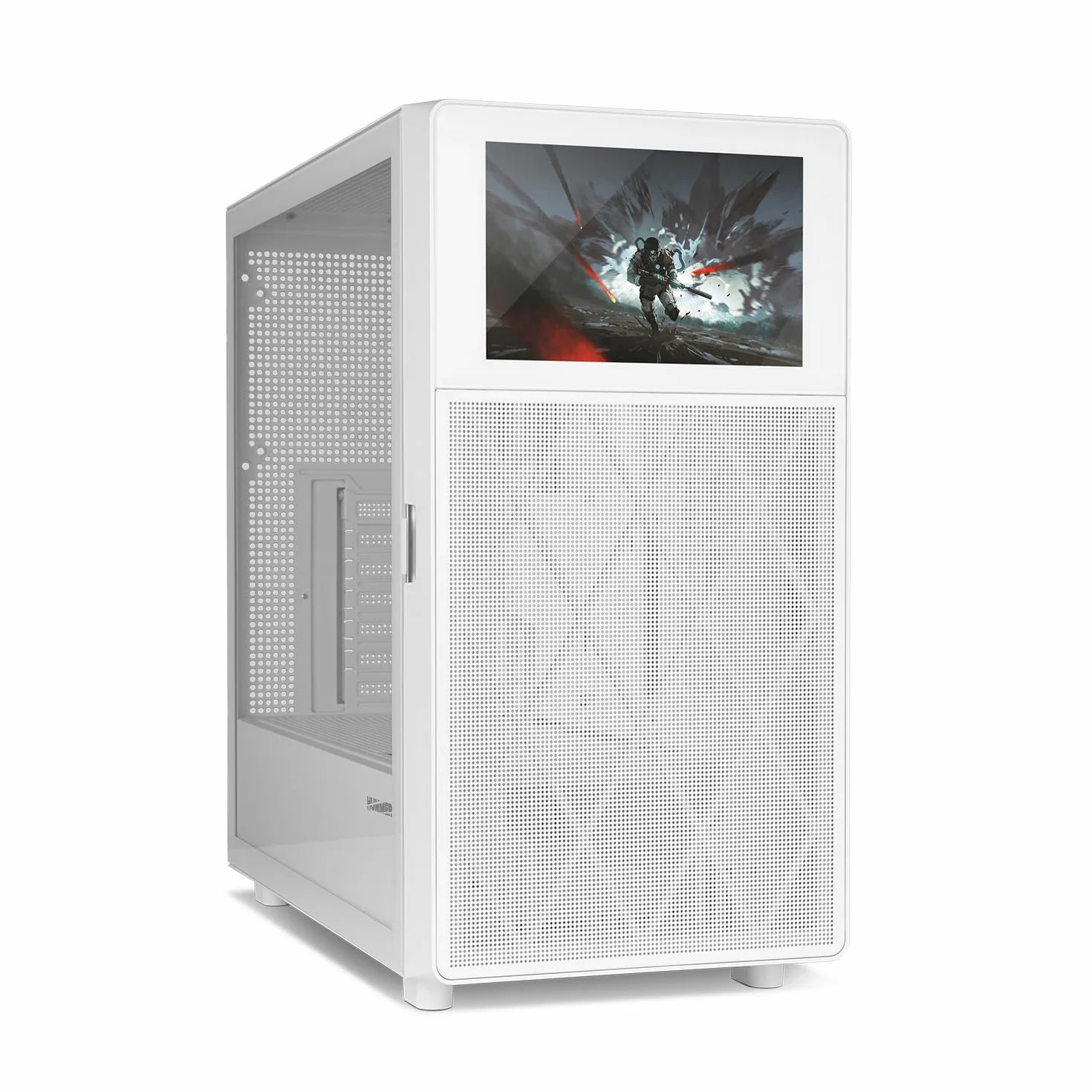 NOX XTREME PRODUCTS HUMMER BIOS - Semitower ATX|M-ATX| ITX, Display LCD da 8” personalizzabile, Pannello frontale rete metallica, laterale vetro temperato, Spazio per 11 ventole, USB-C e 3.0, Bianco