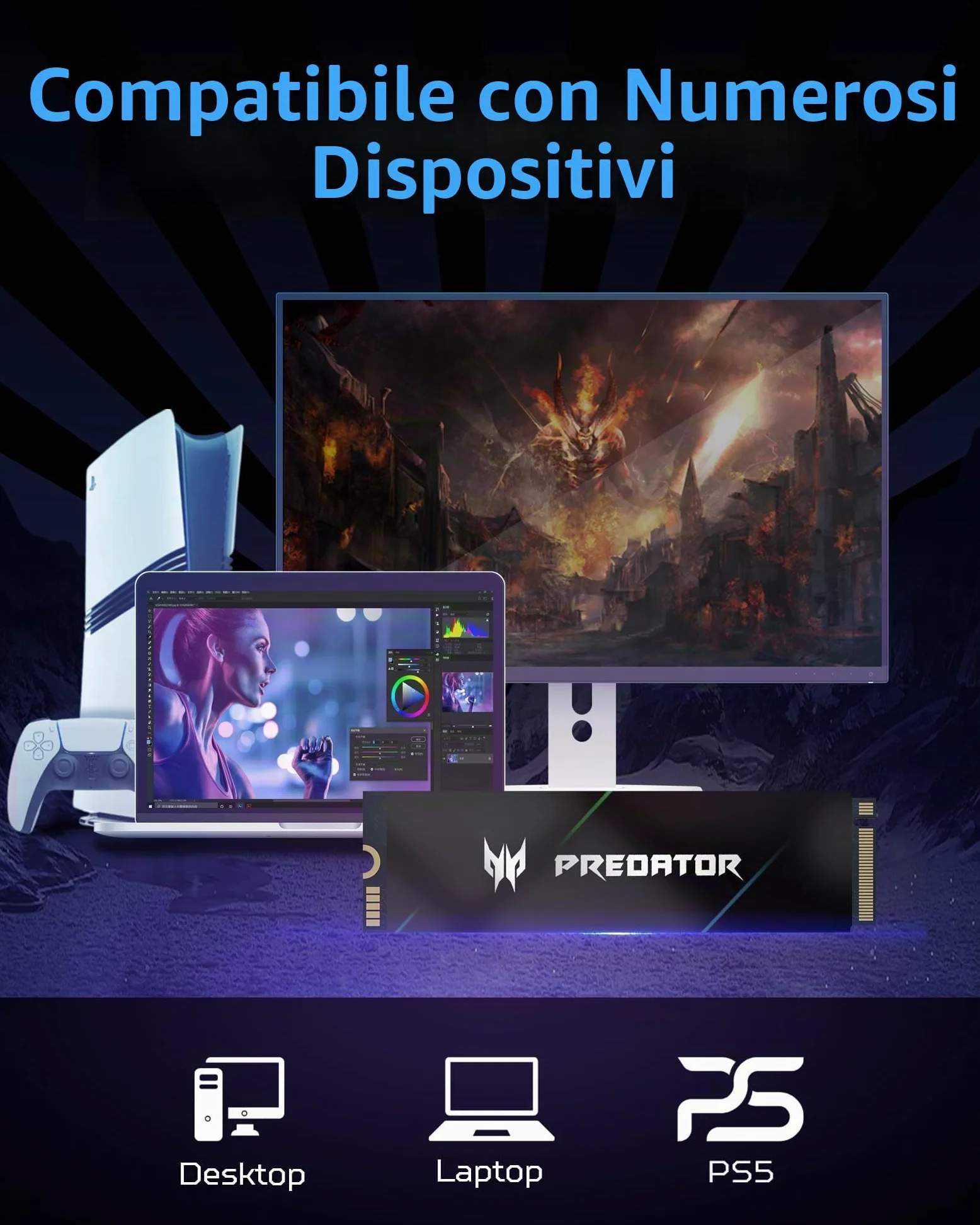 Acer Predator GM7000 Unità SSD interna da 2 TB: M.2 2280 PCIe NVMe Gen4x4 con cache DRAM, fino a 7400 MB/s di riproduzione, SSD interno per laptop e desktop, compatibile PS5