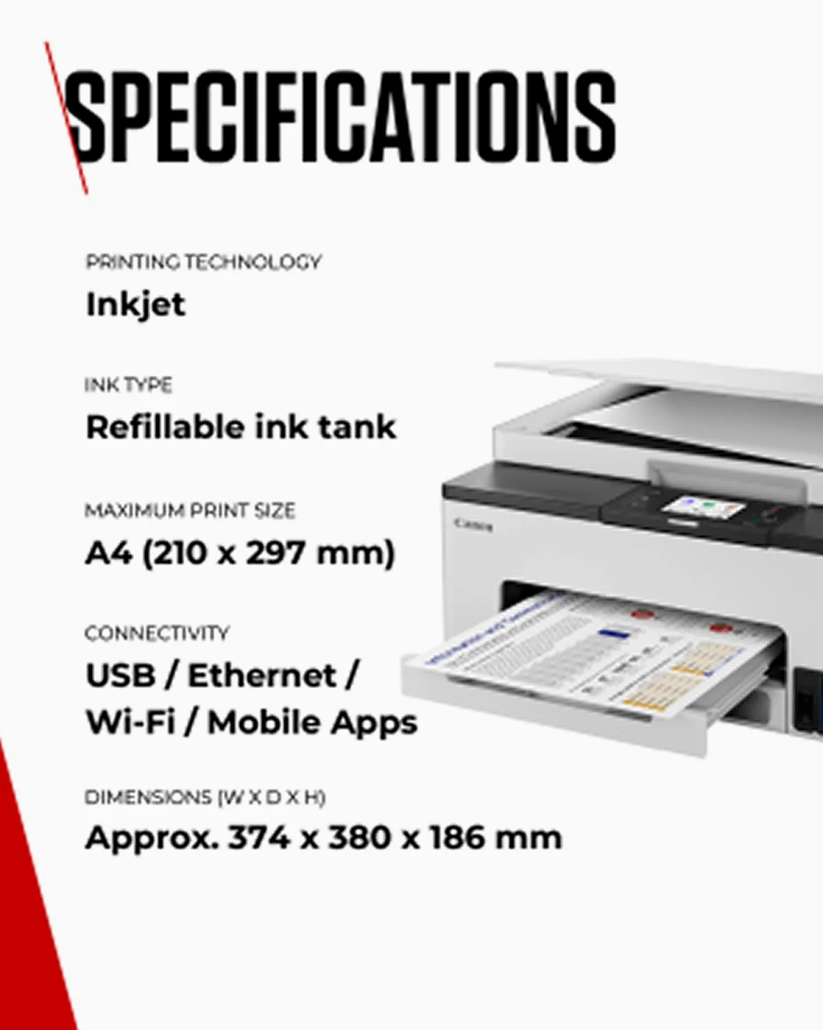 Canon MAXIFY GX1050 Ad inchiostro A4 600 x 1200 DPI Wi-Fi (Wi-Fi, print, scan, copy and cloud 15ppm [mono], 10ppm [colour] 250 sheet cassette Refillable ink tank USB, dual band wi-fi and ethernet)