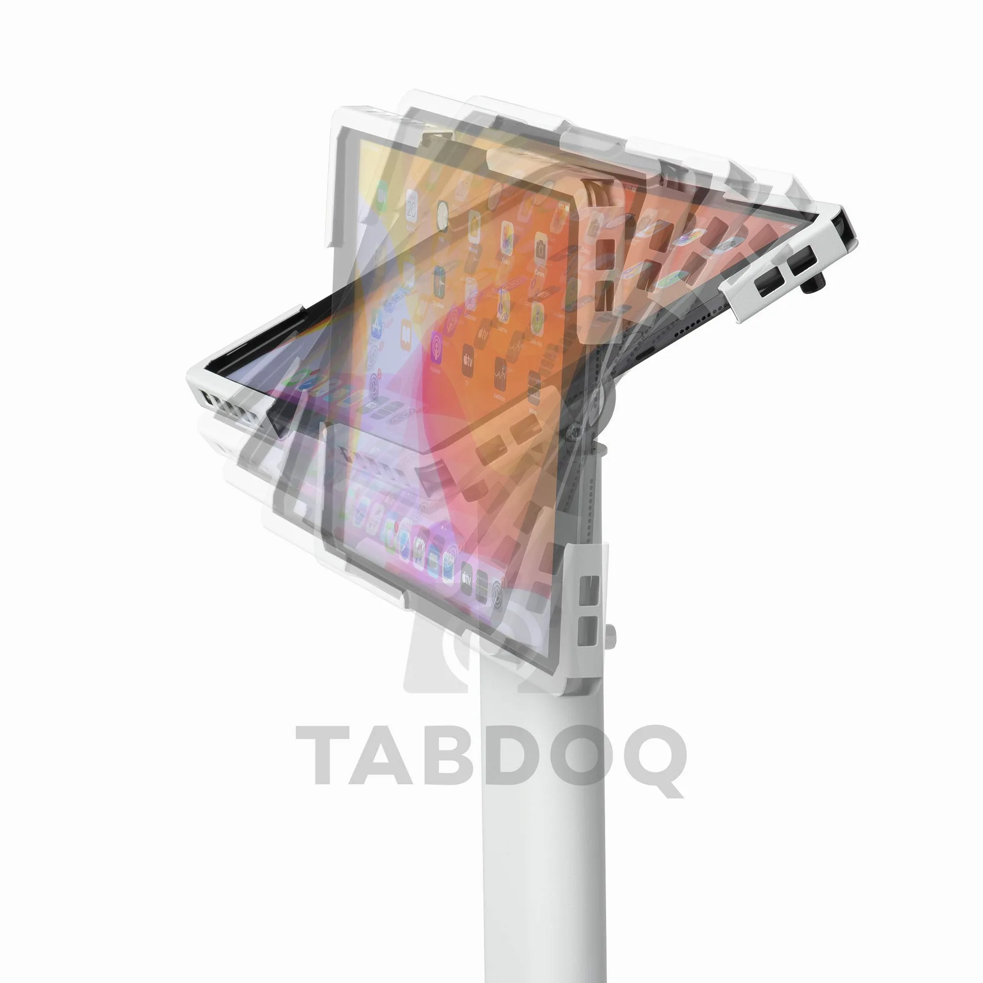 Supporto da pavimento universale per tablet regolabile 70–120 cm – per iPad e tablet 10–13 pollici – girevole, inclinabile, base stabile in metallo, gestione cavi, bianco