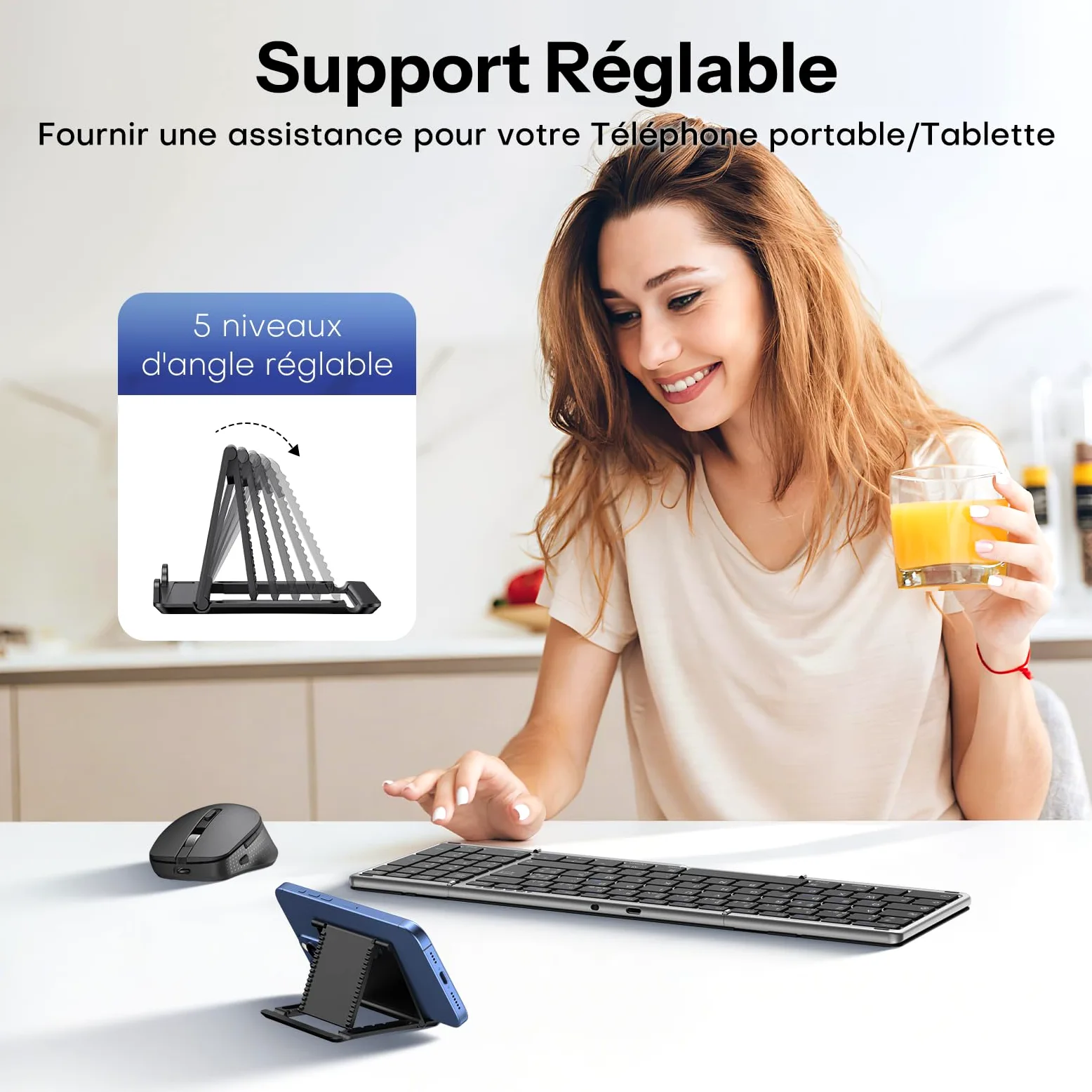 OMOTON Tastiera e mouse wireless pieghevole con tastierino numerico, tastiera bluetooth AZERTY ricaricabile, full-size portatile Keyboard per Android Windows iOS Mac iPad Tablet PC - grigio siderale