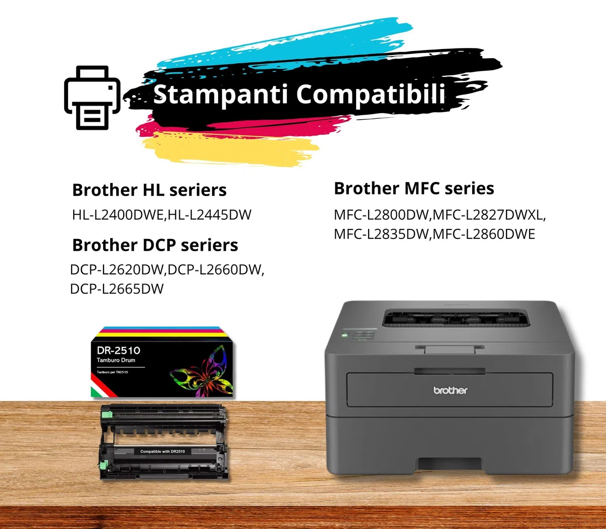 Tamburo NON CARTUCCIA Compatibile DR2510 Drum per Brother HL-L2400DWE,HL-L2445DW,DCP-L2620DW,DCP-L2660DW,DCP-L2665DW,MFC-L2800DW,MFC-L2827DWXL,MFC-L2835DW,MFC-L2860DWE