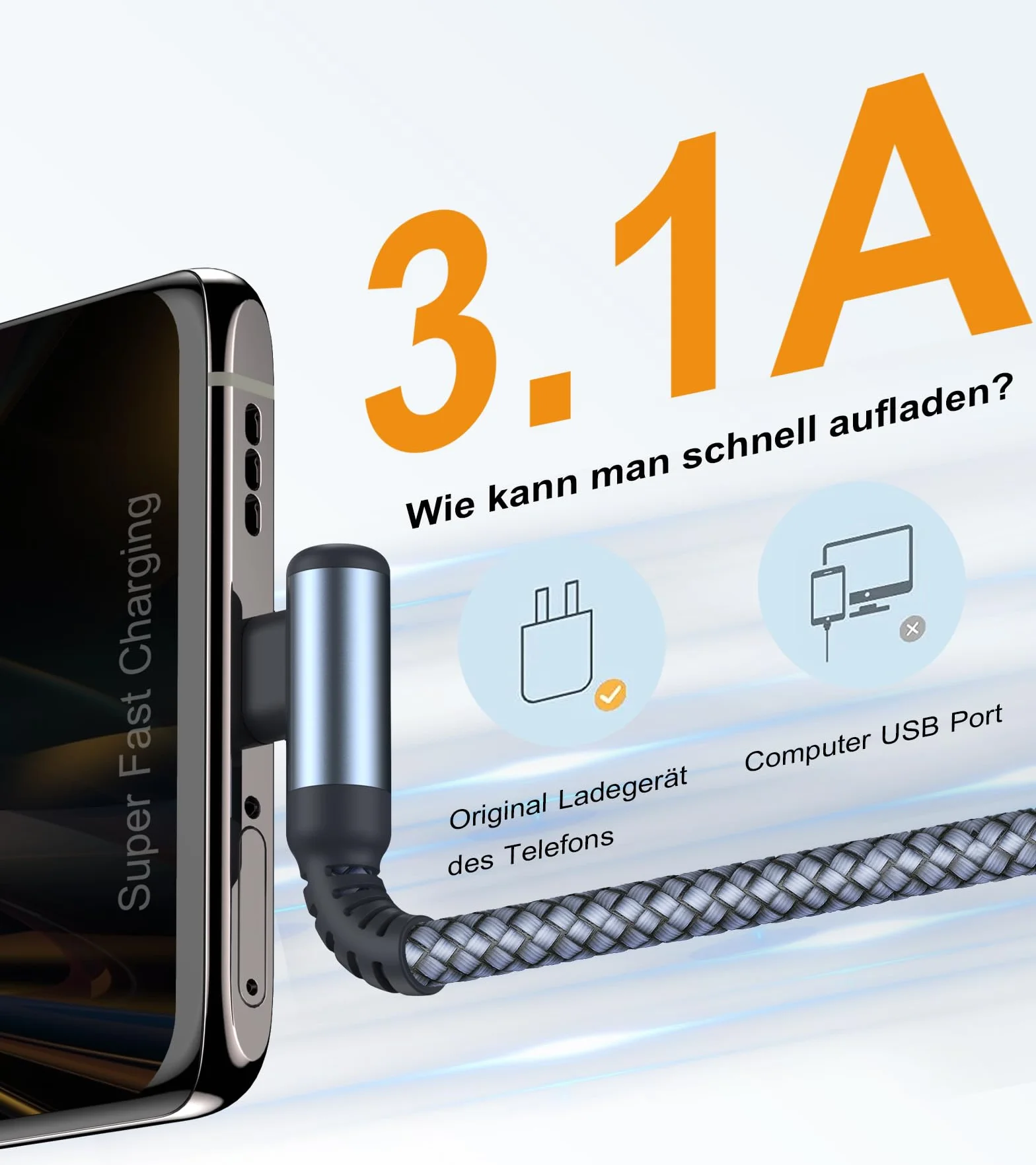 Cavo USB C angolo di 90 gradi [2 pezzi 2m] ricarica rapida, cavo di ricarica Cavo USB C in nylon tipo C per Samsung Galaxy S21 Plus, Note10 / 9/8, M31, A71 A52 A51 A50 A40 A10 A7, Mi9 / 8 (grigio)